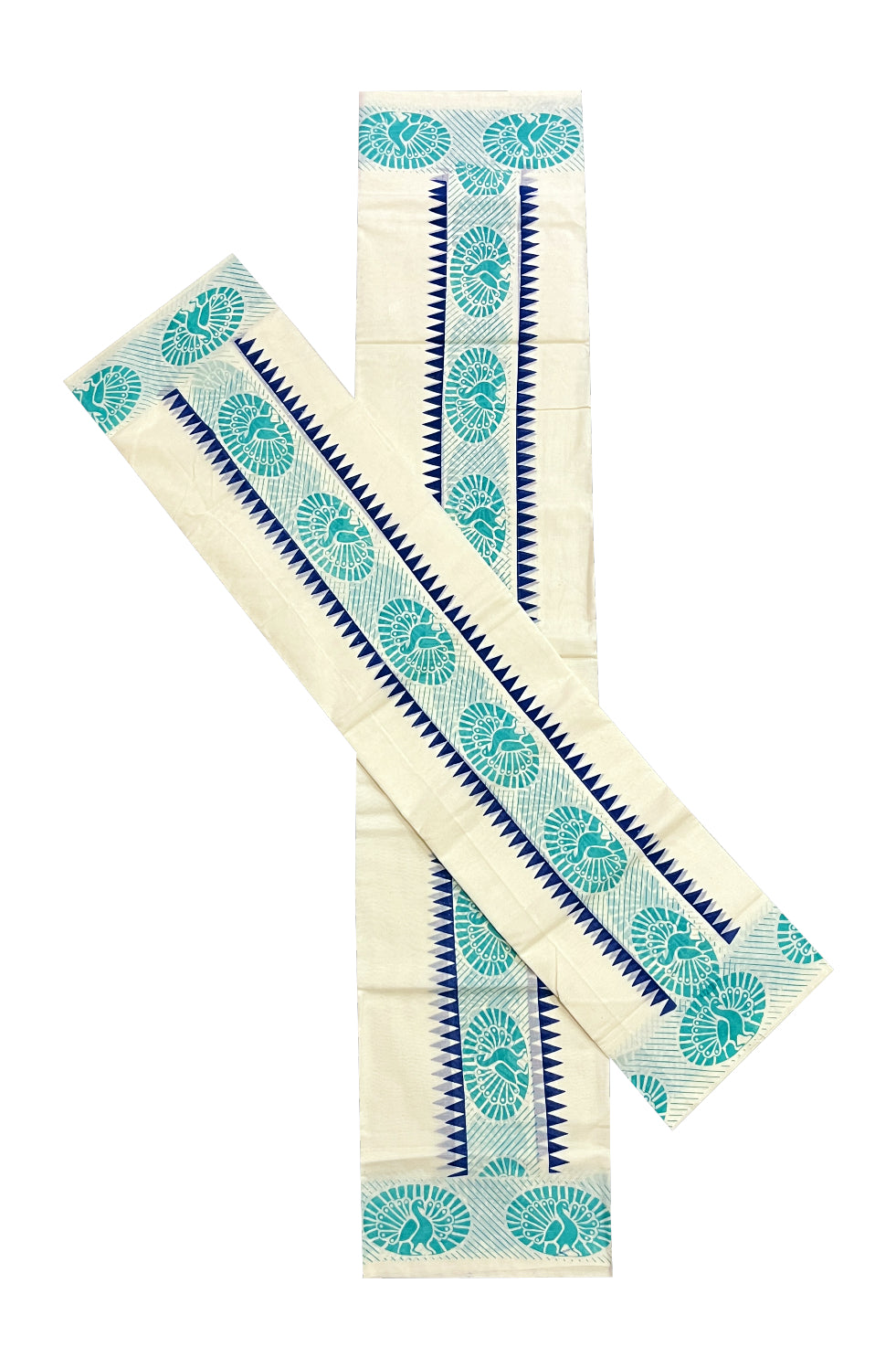 Kerala Cotton Set Mundu (Mundum Neriyathum) with Turquoise Peacock Block Prints and Blue Temple Border