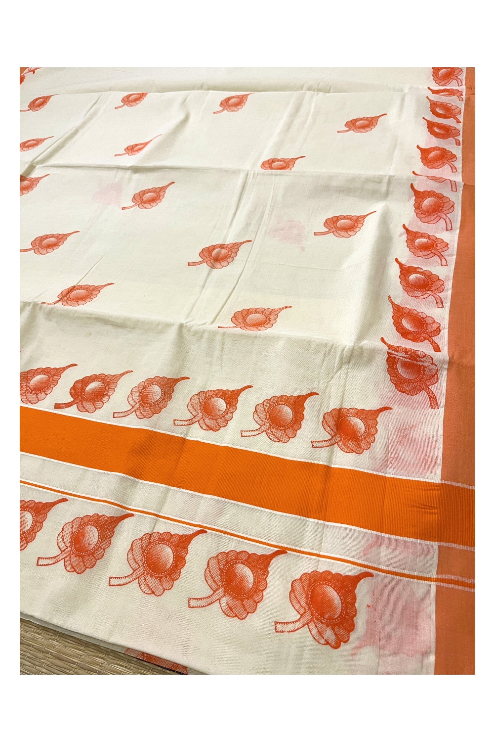 Pure Cotton Kerala Saree with Orange Leaf Block Printed Border