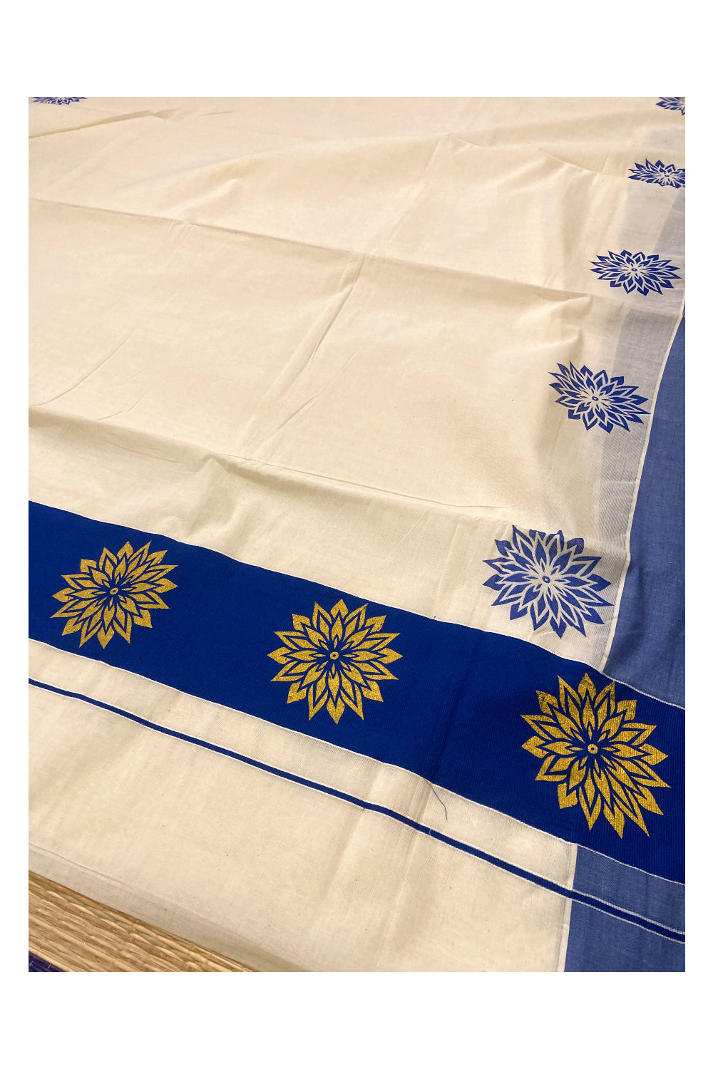 Pure Cotton Kerala Saree with Golden Block Prints on Blue Border and Pallu