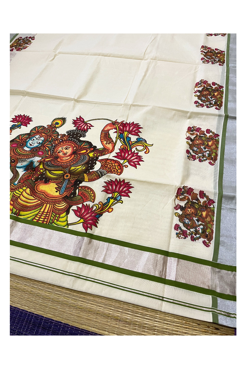 Pure Cotton Kerala Saree with Krishna Radha Mural Prints and Silver Green Border