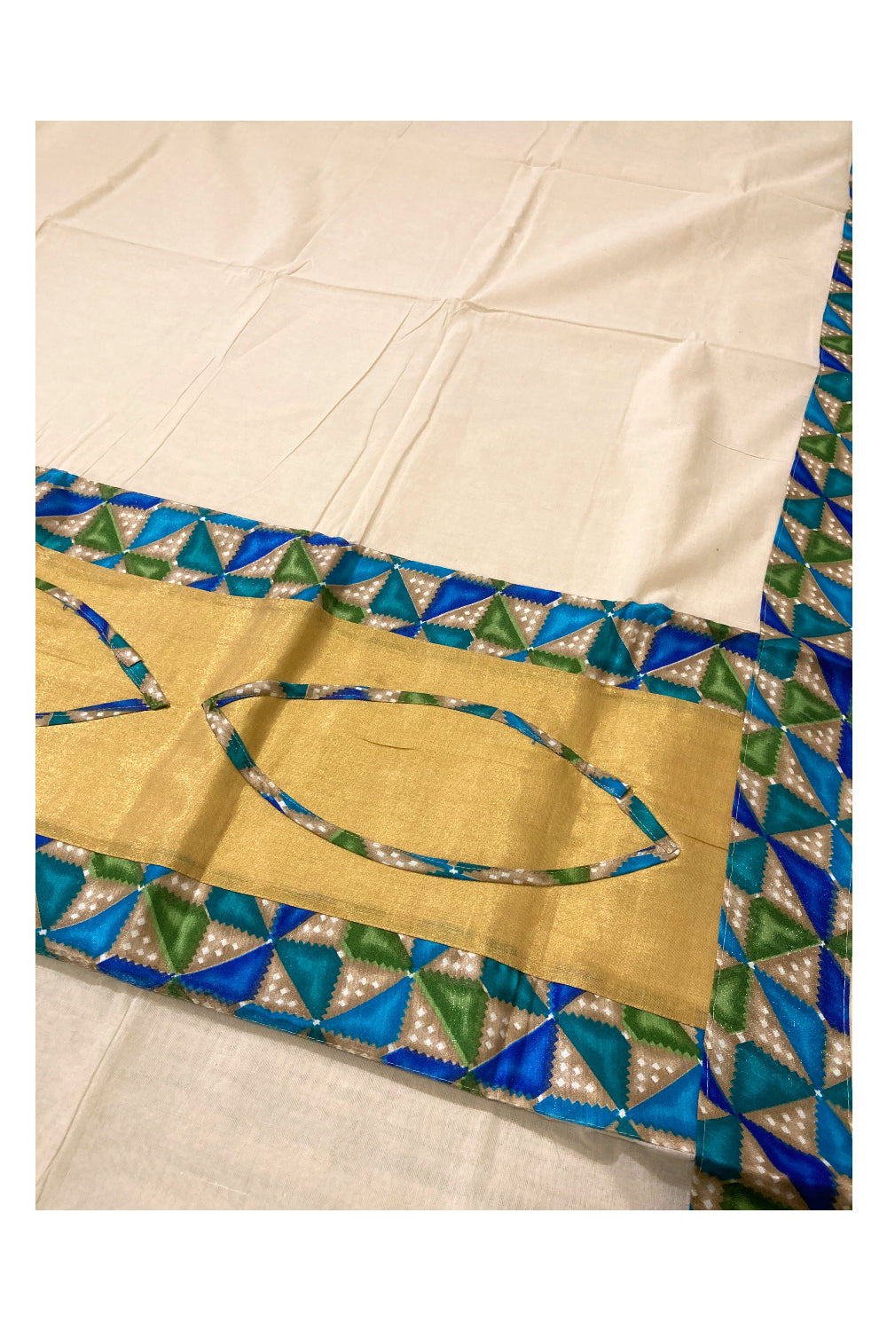 Southloom Kerala Pure Cotton Fusion Art Border Saree with Green Brown Blue Border