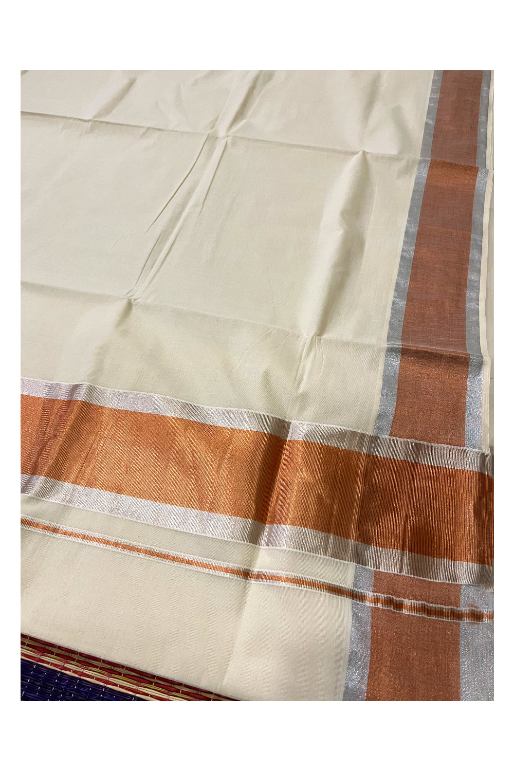 Pure Cotton Kerala Saree with Silver and Copper Kasavu Border