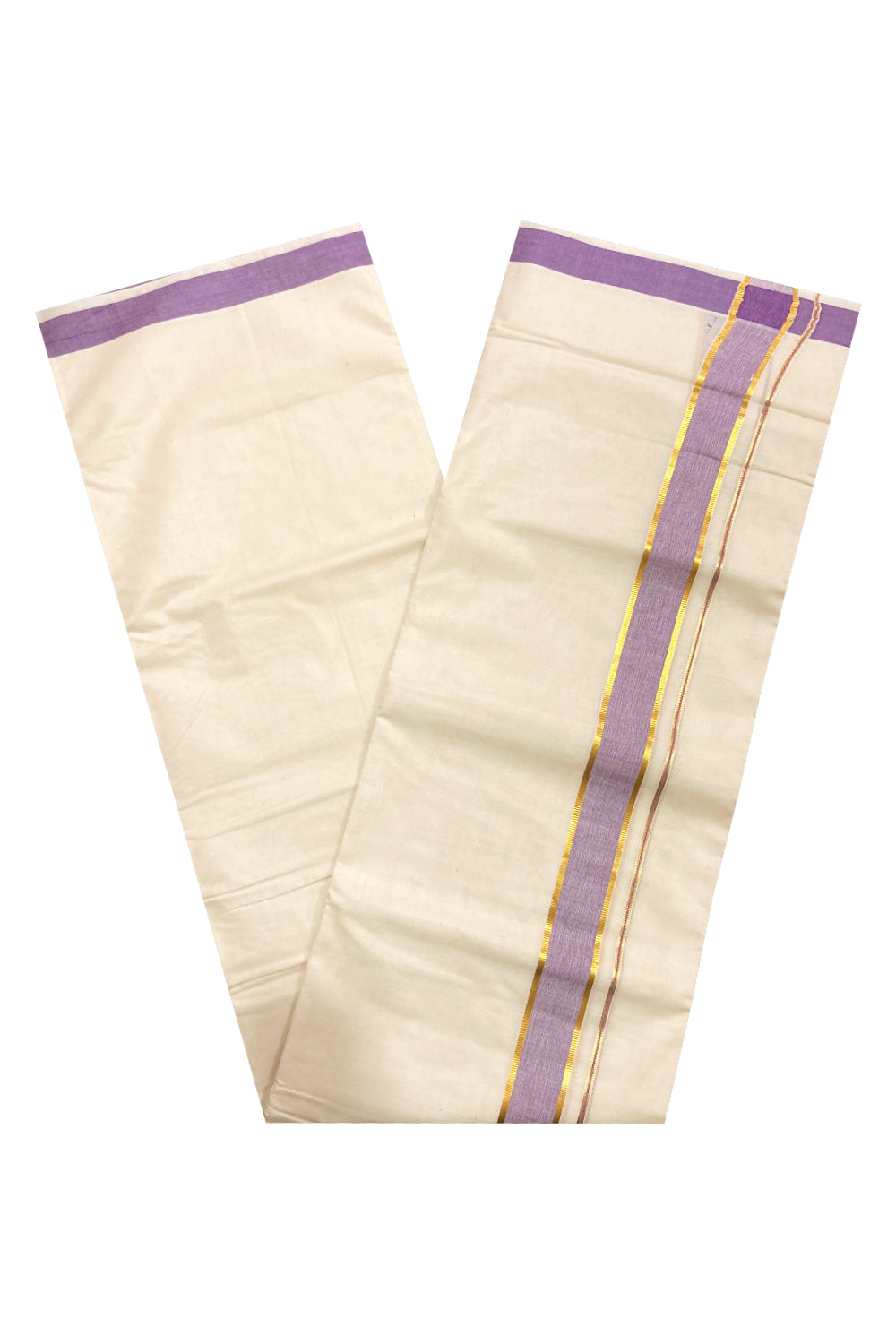 Pure Cotton Double Mundu with Violet and Kasavu Border (South Indian Dhoti)