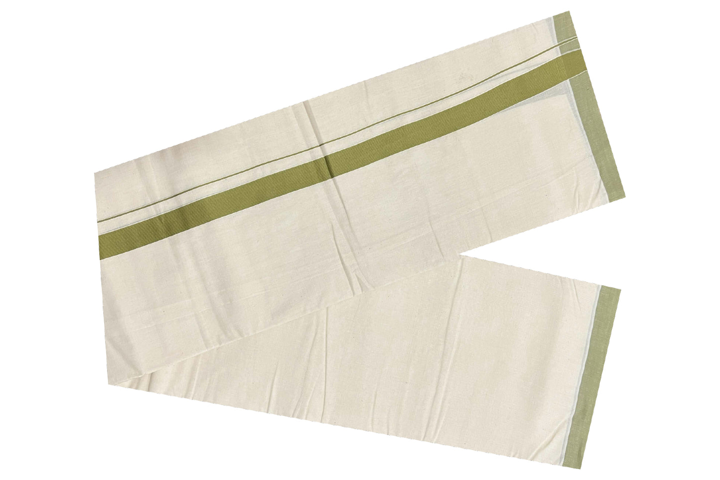 Off White Pure Cotton Double Mundu with Olive Green Kara (South Indian Dhoti)