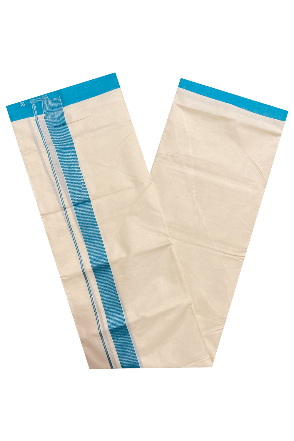 Off White Kerala Double Mundu with Silver Kasavu and Aqua Blue Line Border (South Indian Dhoti)