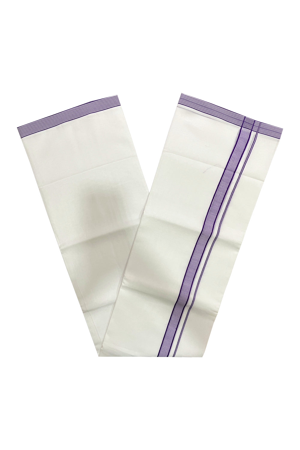 Pure White Cotton Double Mundu with Violet Lines Border (South Indian Dhoti)