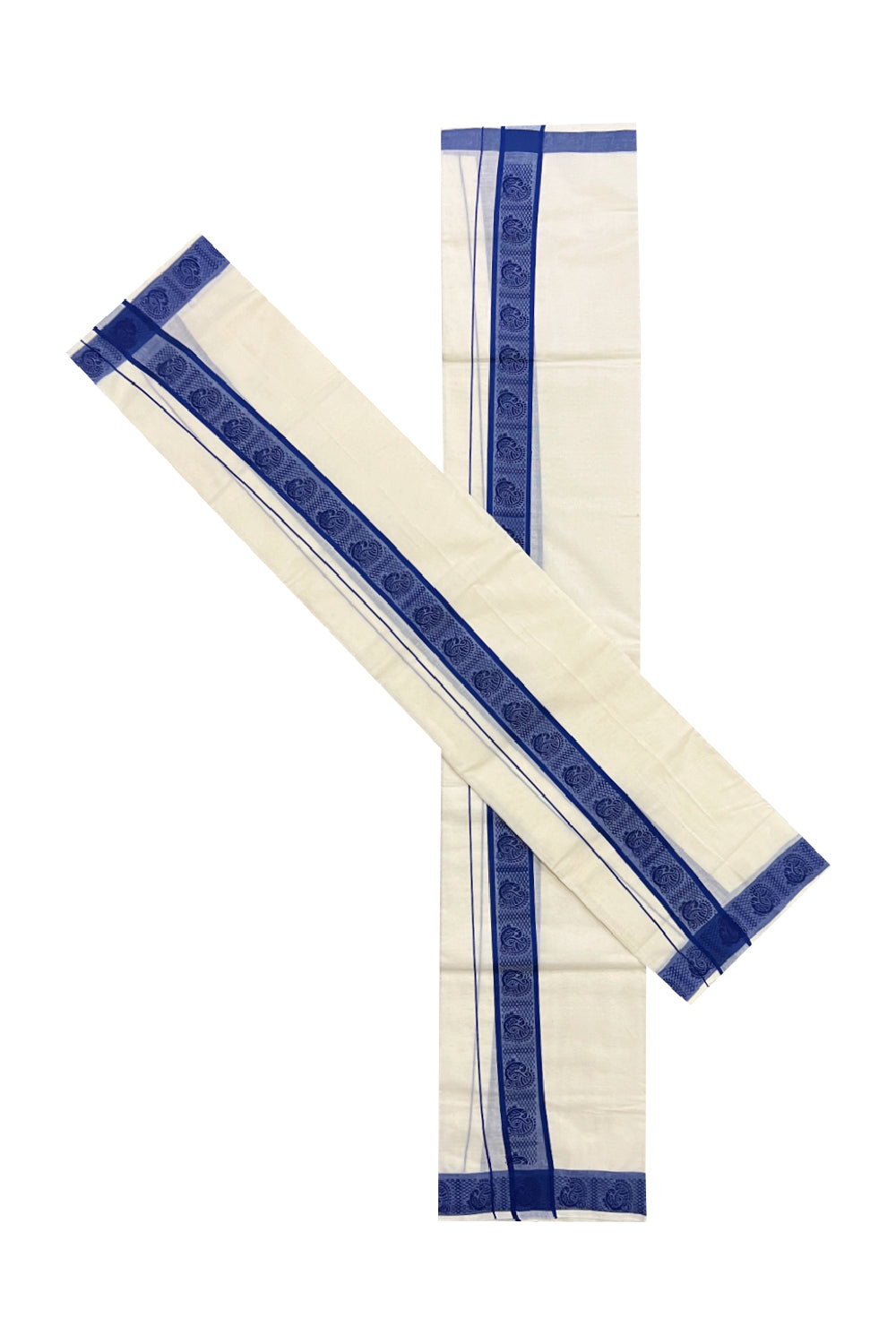 Kerala Cotton Set Mundu (Mundum Neriyathum) with Blue Peacock Block Printed Border