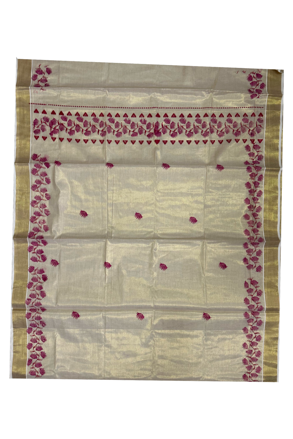 Kerala Tissue Kasavu Saree with Maroon Floral Block Printed Design Border