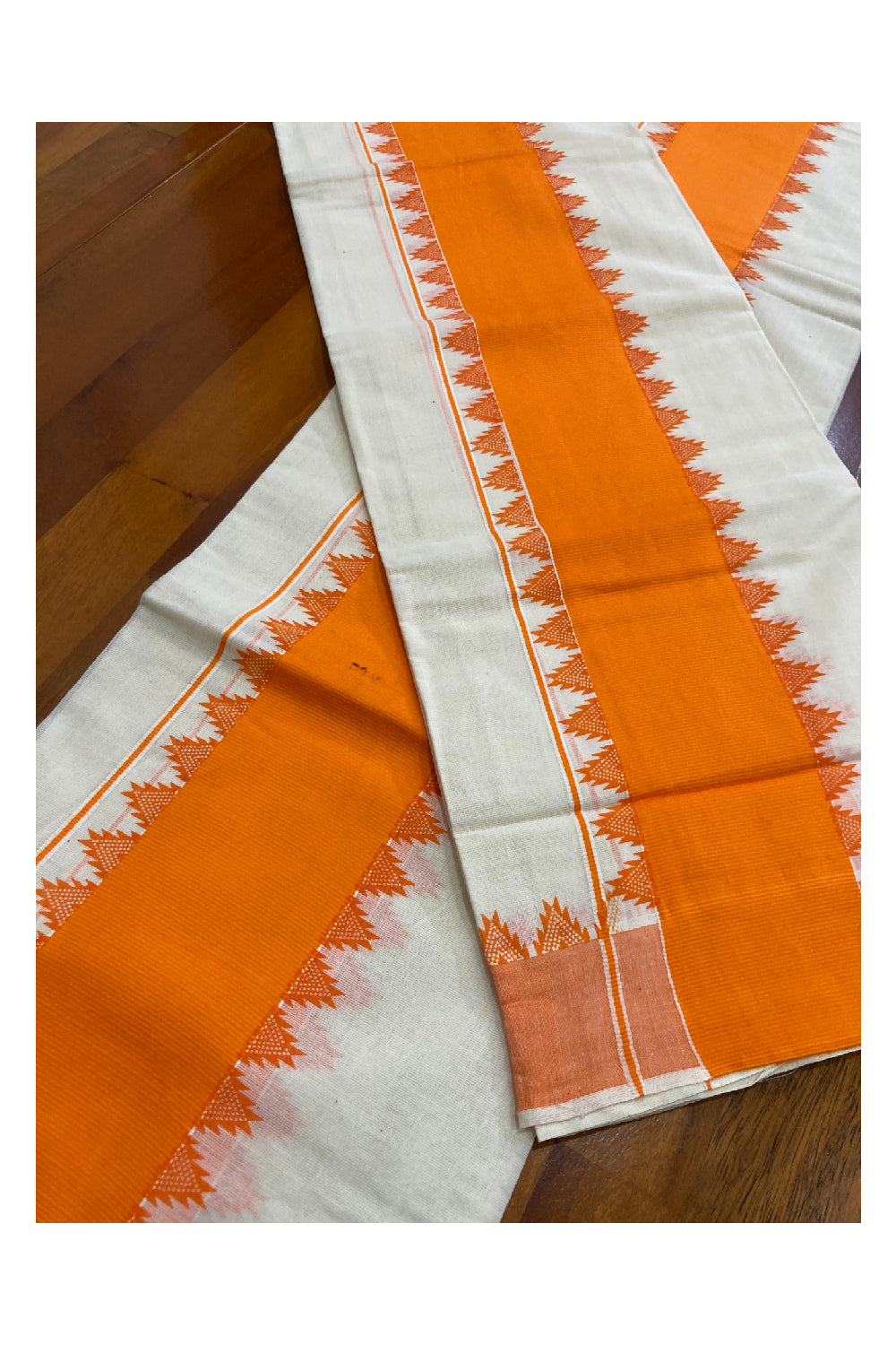 Single Set Mundu with Orange Kara and Hand Block Print Temple Design (2.50m)