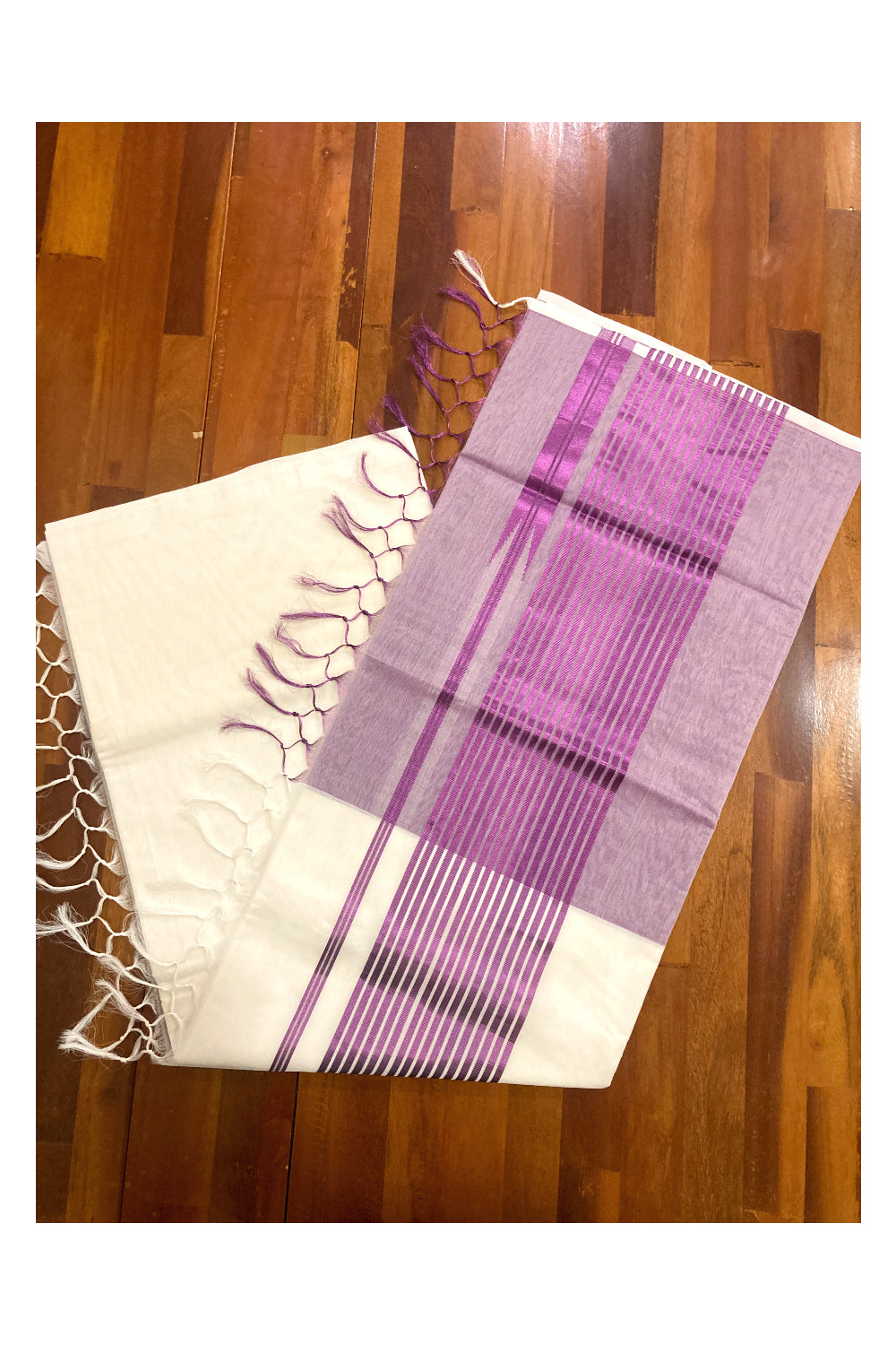 Southloom™ Premium Handloom Half & Half (Cotton / Tissue) Kerala Saree with Violet Kasavu Pallu