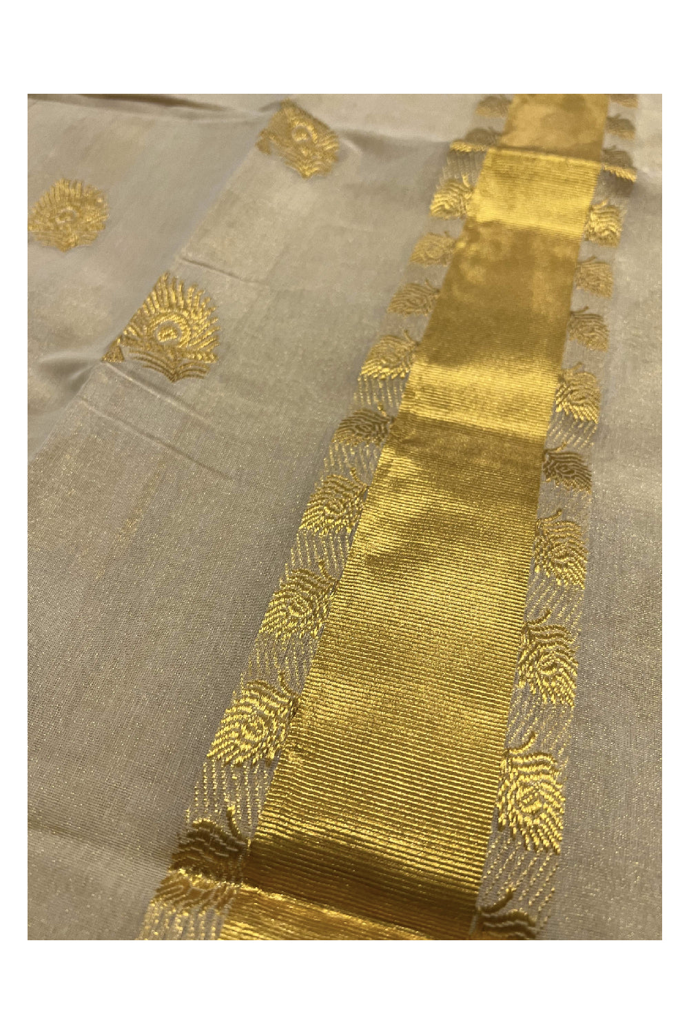 Southloom™ Handloom Tissue Kasavu Churidar Salwar Material with Peacock Feather Woven Work (include Plain Cotton Shawl / Dupatta)