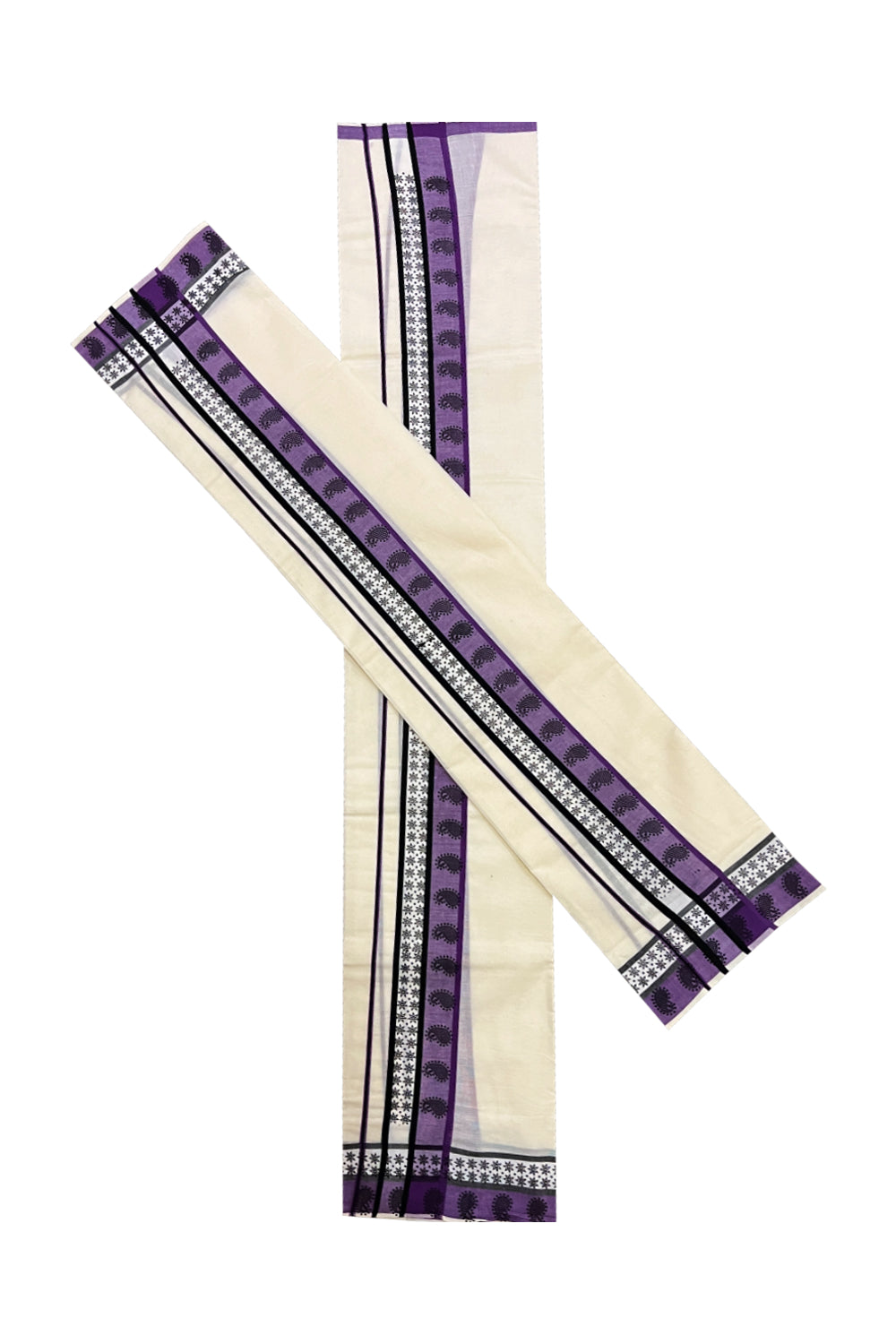 Kerala Cotton Single Set Mundu (Mundum Neriyathum) with Violet Black Block Prints on Border