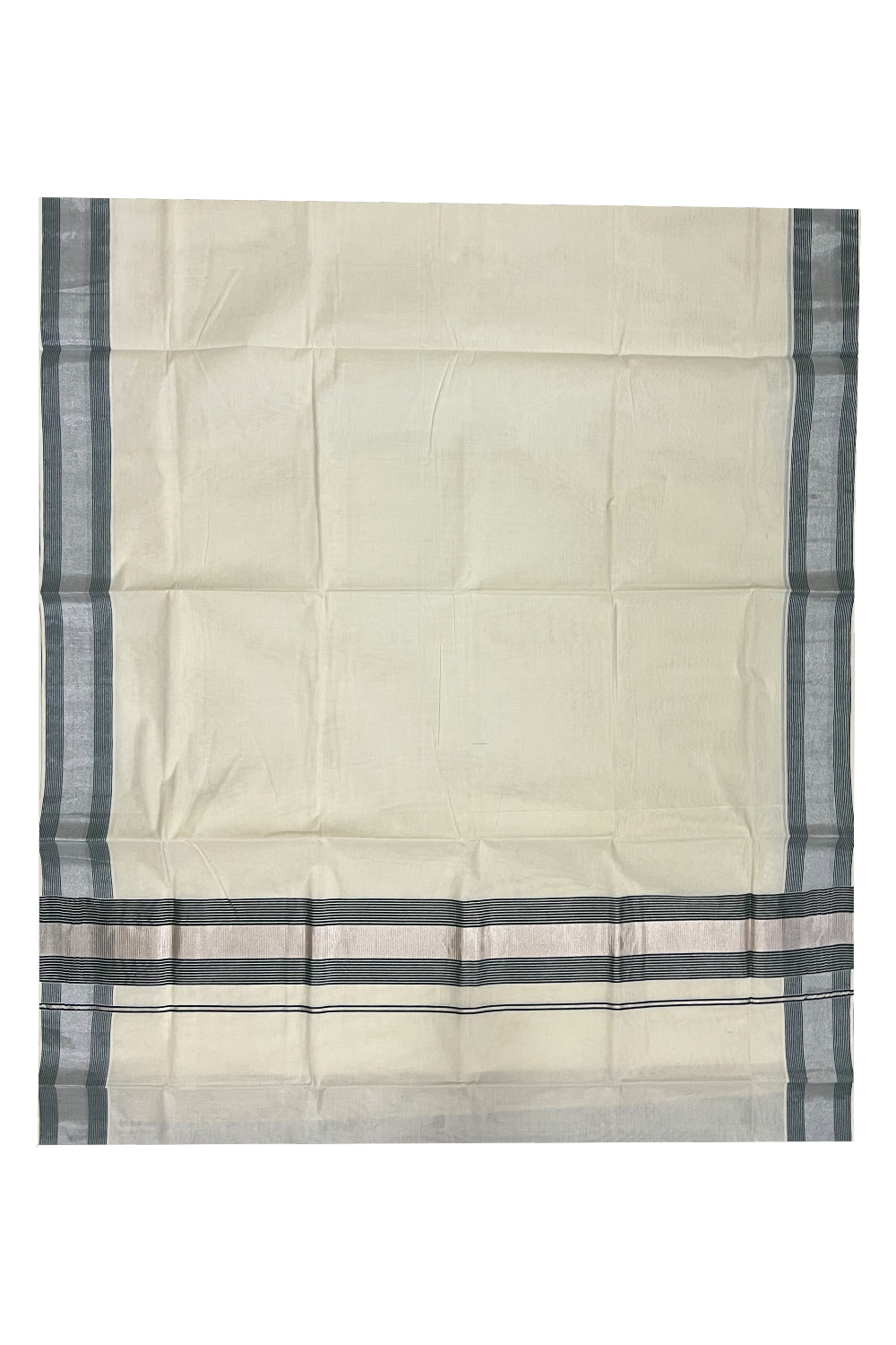 Pure Cotton Kerala Plain Saree with Silver Kasavu and Green Line Border