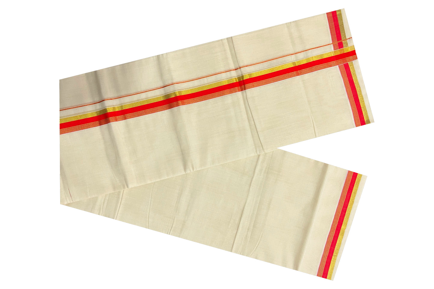 Southloom Balaramapuram Handloom Pure Cotton Mundu with Orangish Red and Kasavu Border (South Indian Dhoti)