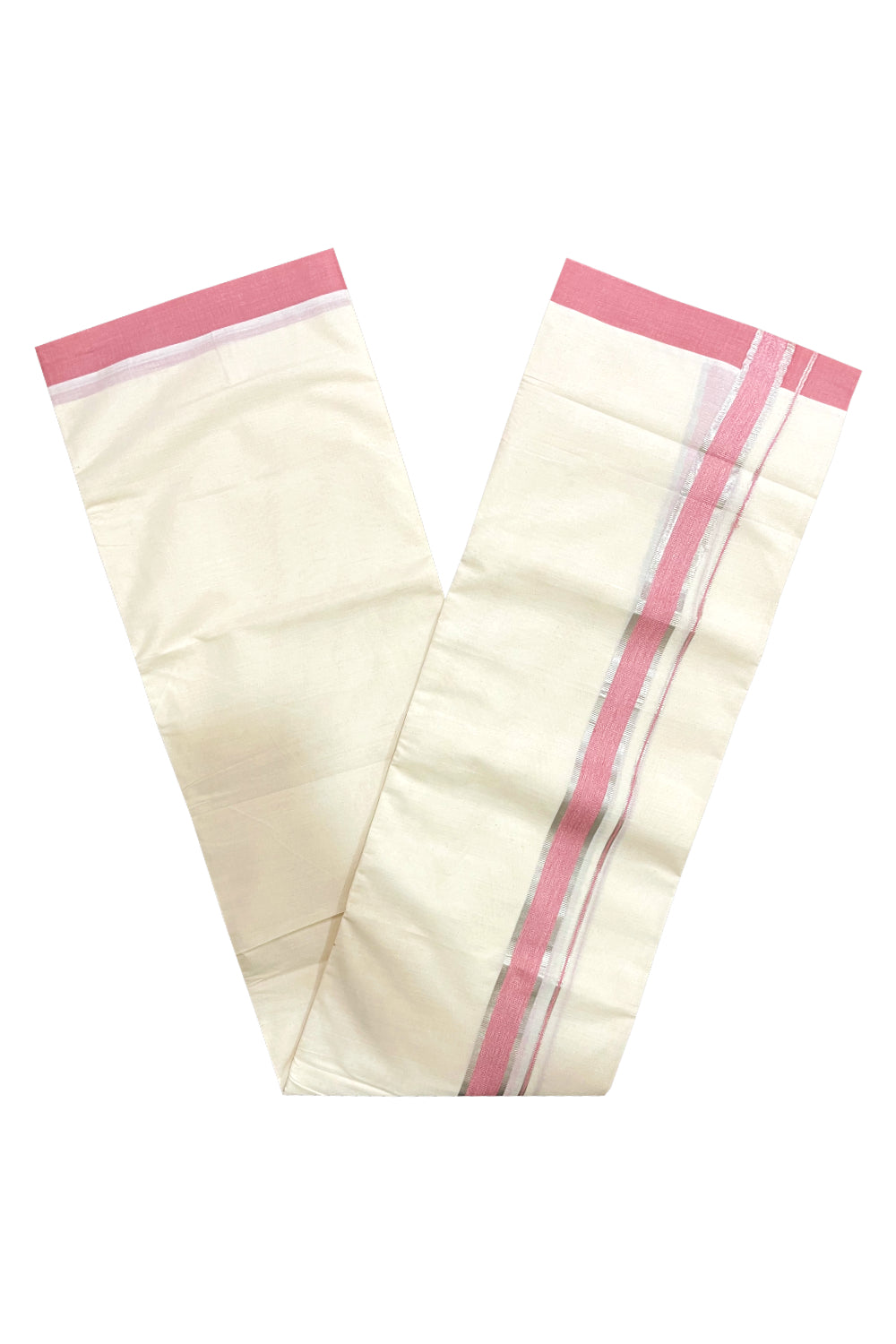 Pure Cotton Off White Double Mundu with Silver Kasavu and Brick Red Border (South Indian Dhoti)