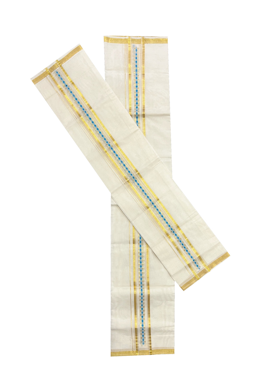 Southloom Handloom Premium Cotton Set Mundu with Kasavu Woven Work on Border (Light Blue Woven Dots)