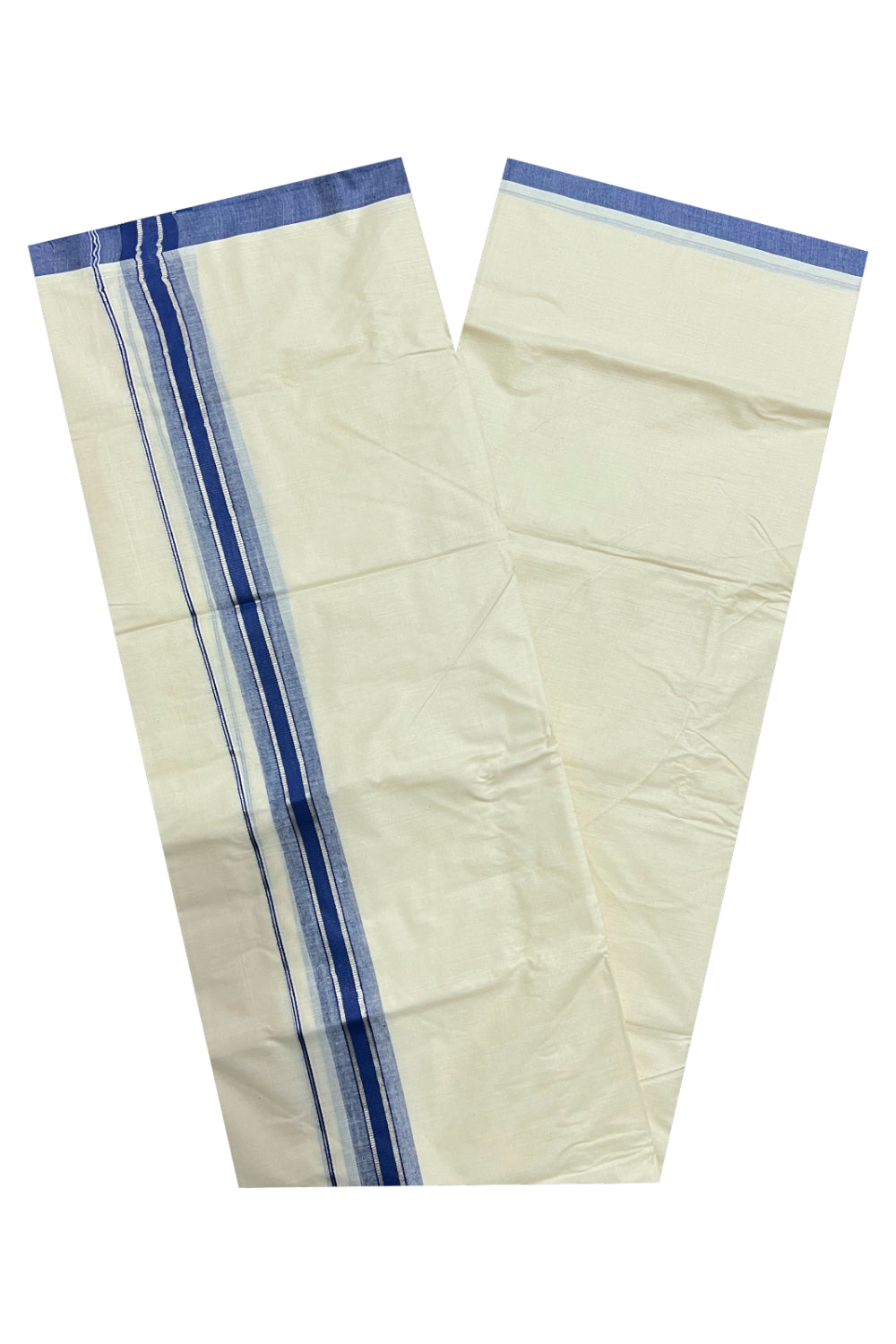 Pure Cotton Off White Double Mundu with Silver Kasavu and Dark Blue Border (South Indian Dhoti)