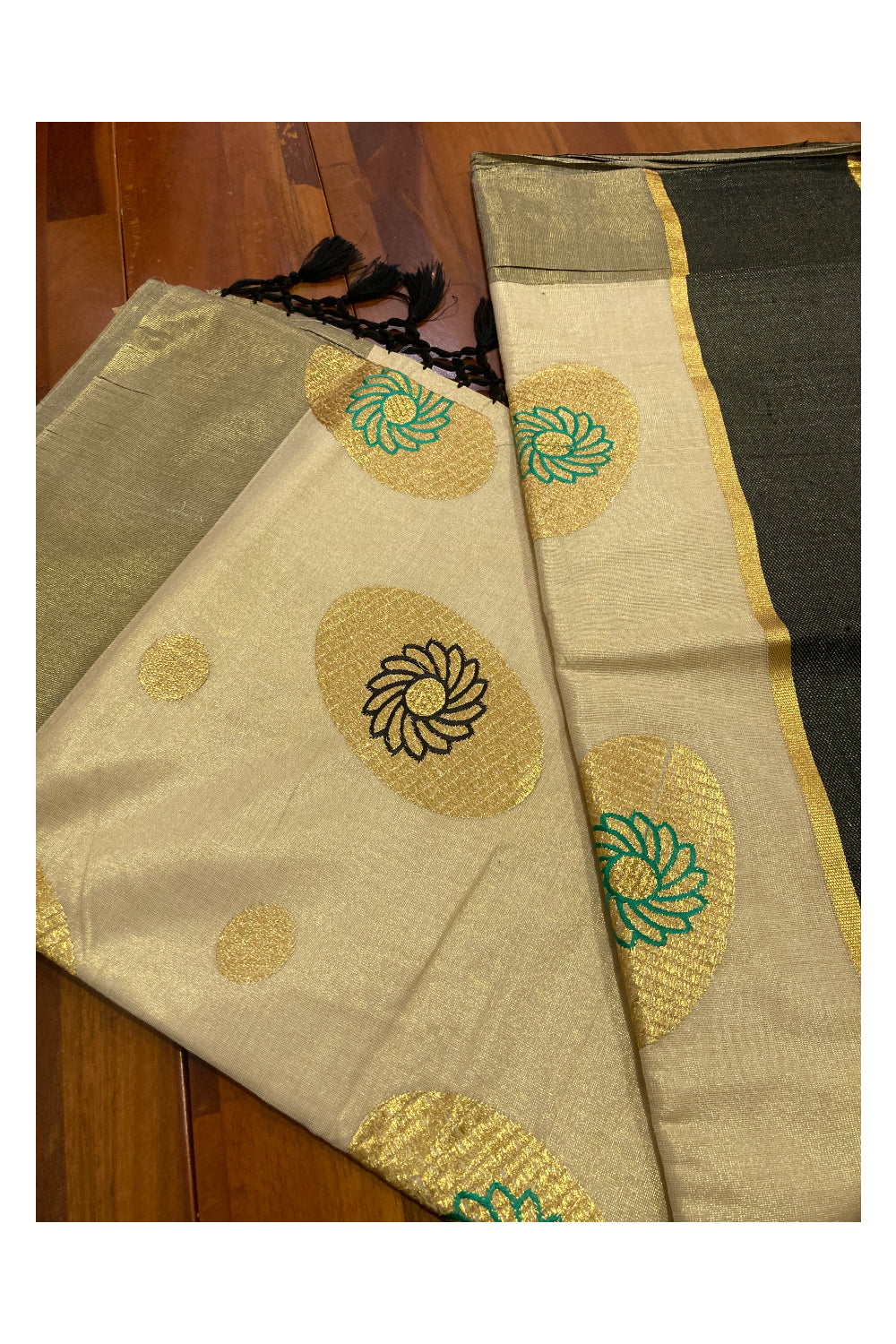 Kerala Tissue Kasavu Saree with Embroidery Works and Black Border