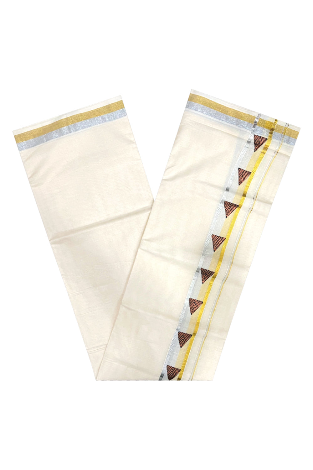 Off White Pure Cotton Double Mundu with Mural Hand Painted Design on Silver and Golden Kasavu Kara (South Indian Dhoti)