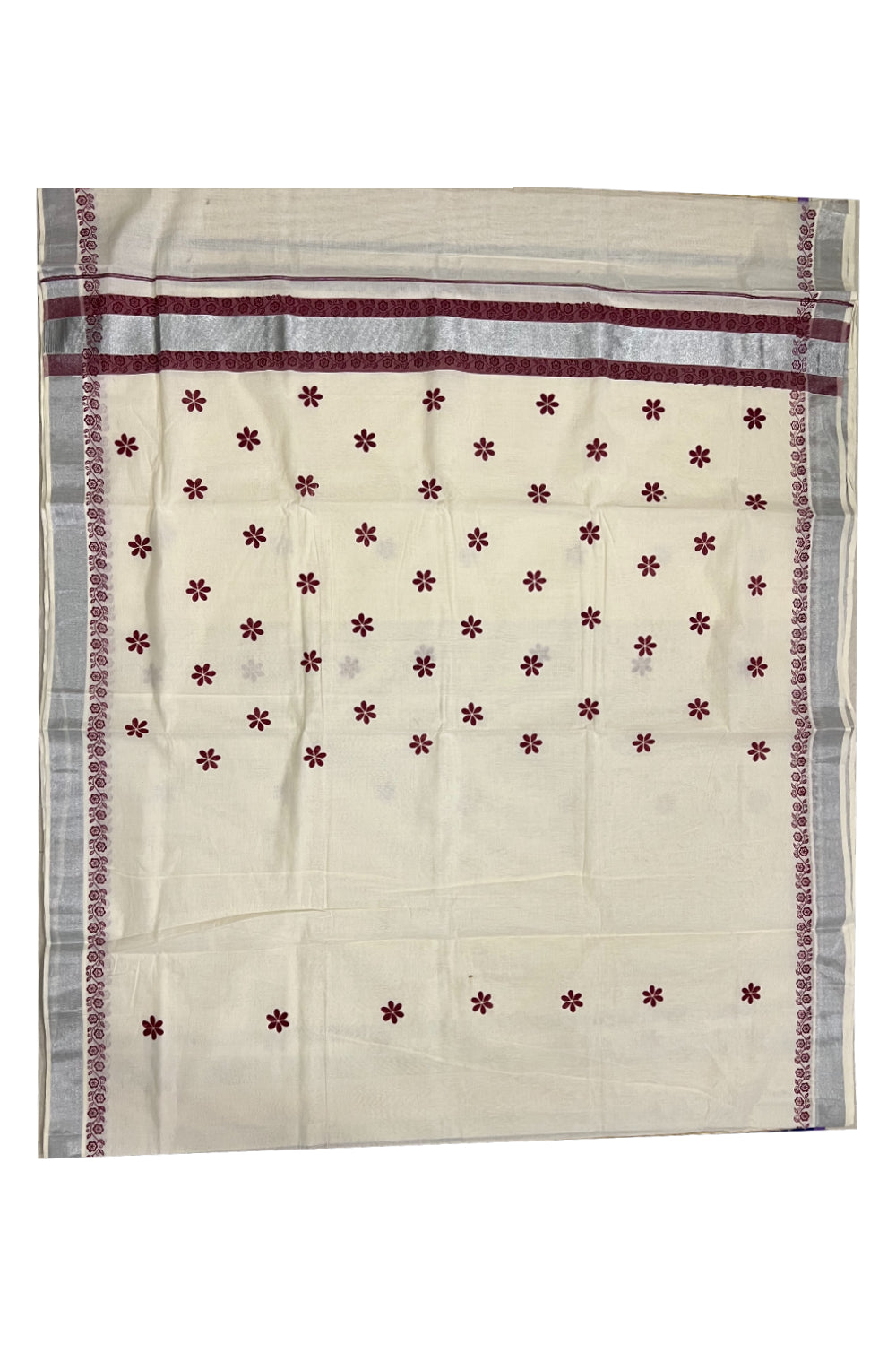 Pure Cotton Kerala Saree with Maroon Block Printed Floral Design and Silver Kasavu Border