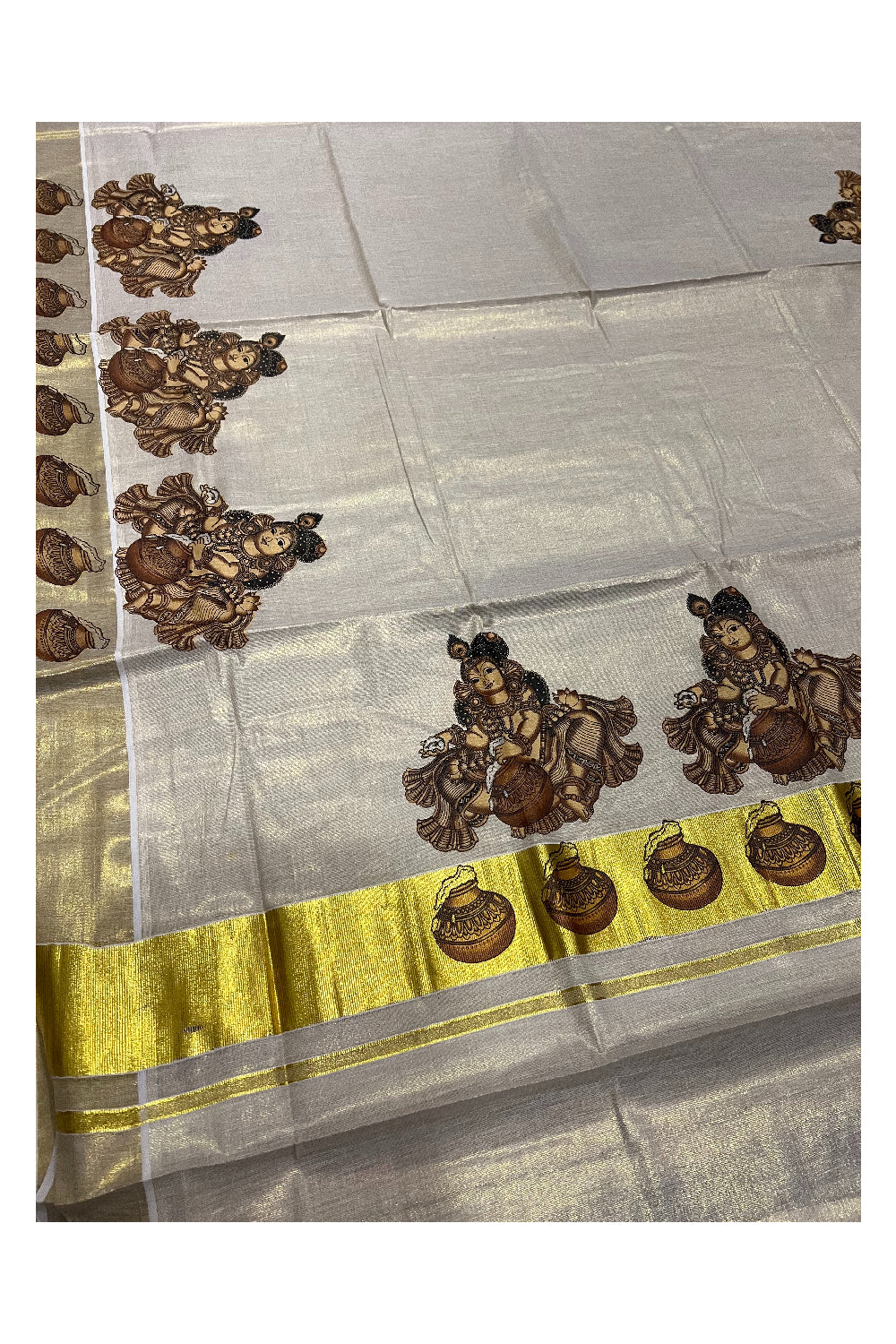 Kerala Tissue Kasavu Saree With Mural Krishna Design and Printed Border