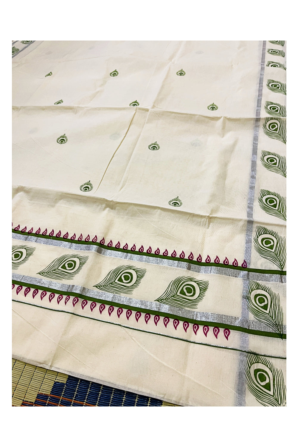 Pure Cotton Off White Kerala Saree with Green Block Prints in Silver Border (Vishu Saree 2023)