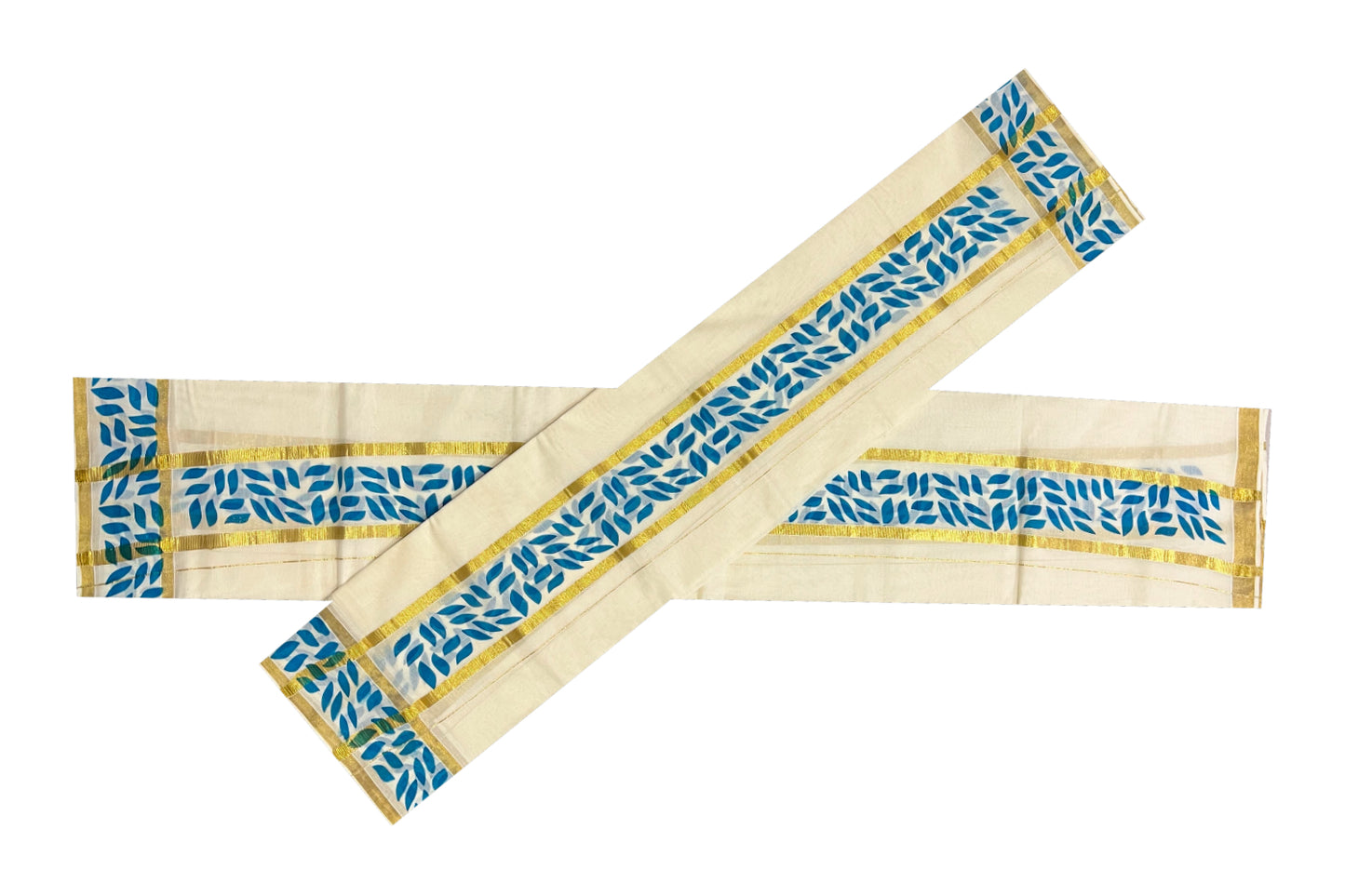 Kerala Cotton Kasavu Set Mundu (Mundum Neriyathum) with Light Blue Block Prints on Border