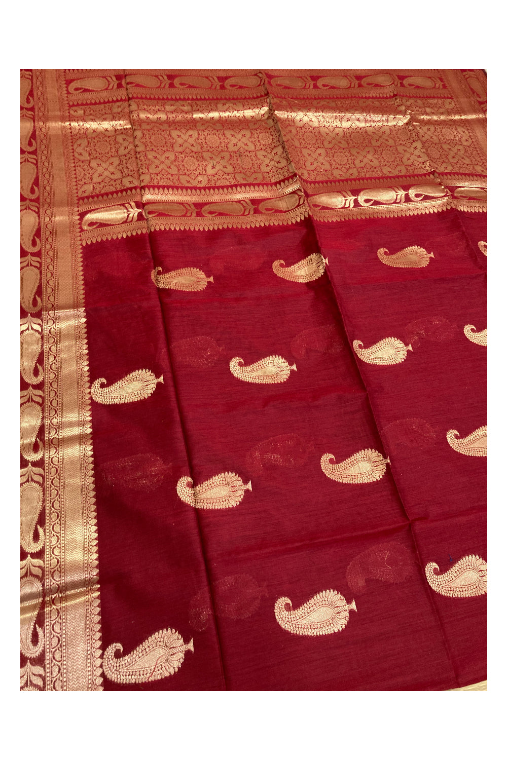 Southloom Red Cotton Designer Saree with Kasavu Woven Works