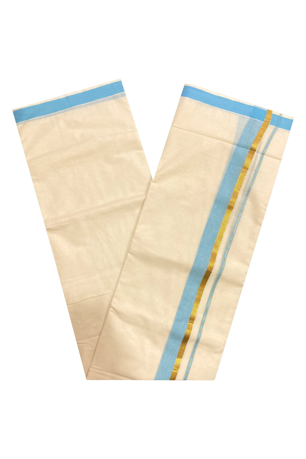 Pure Cotton Off White Double Mundu with Blue and Kasavu Border (South Indian Dhoti)