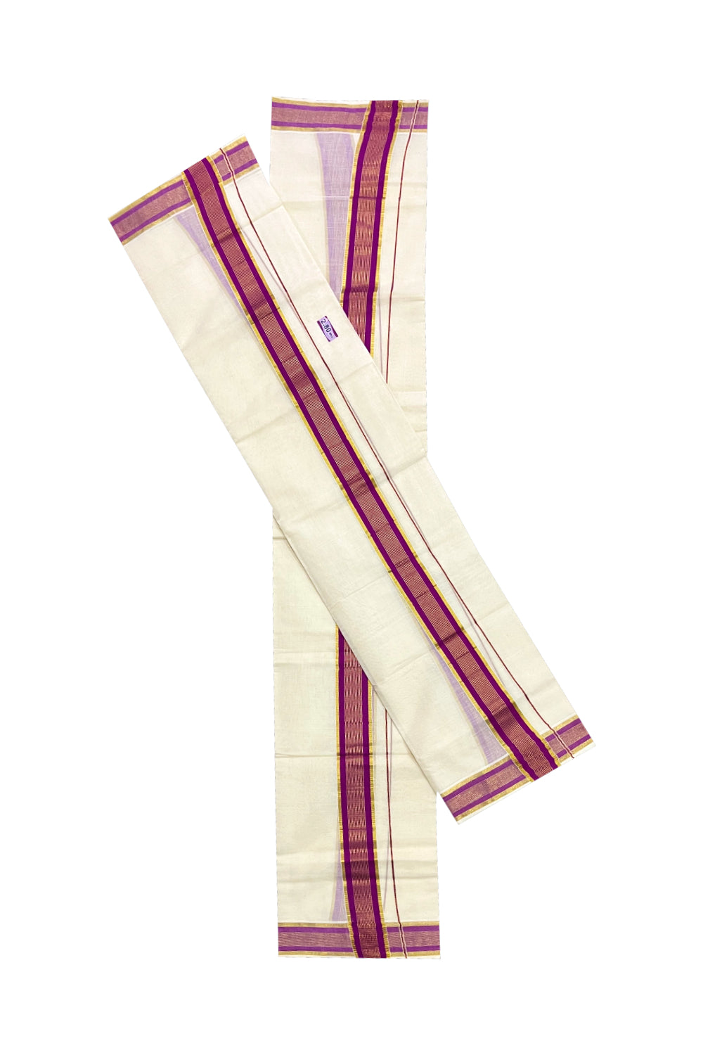 Pure Cotton Kerala Single Set Mundu (Mundum Neriyathum) with Magenta and Kasavu Border 2.80 Mtrs