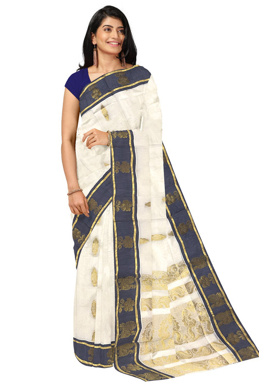 Kerala Kasavu Heavy Woven Work Cotton Saree with Blue Border