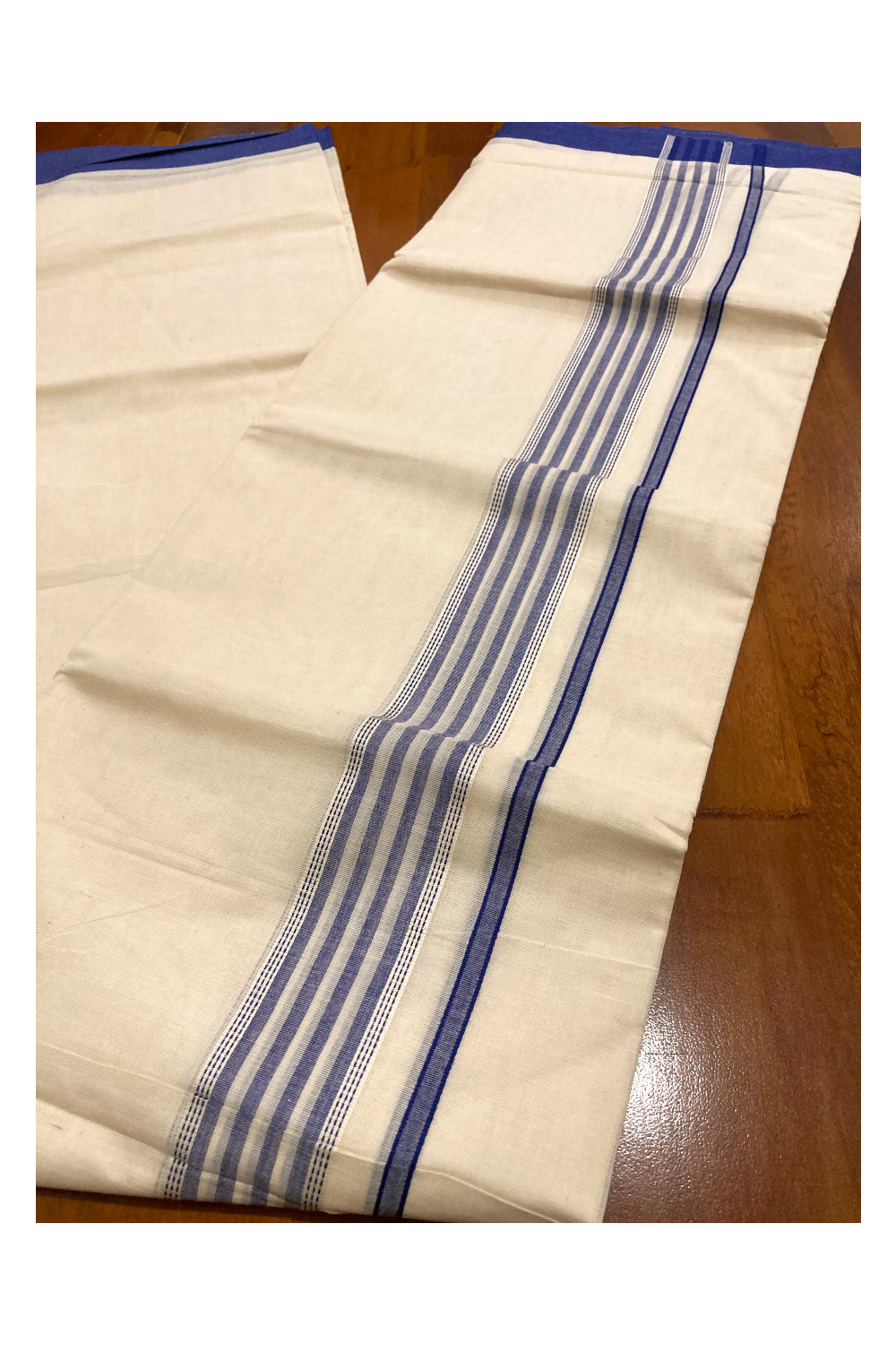 Off White Kerala Double Mundu with Blue Lines Border (South Indian Dhoti)