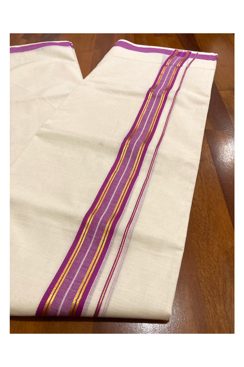 Pure Cotton Double Mundu with Magenta and Kasavu Border (South Indian Kerala Dhoti)