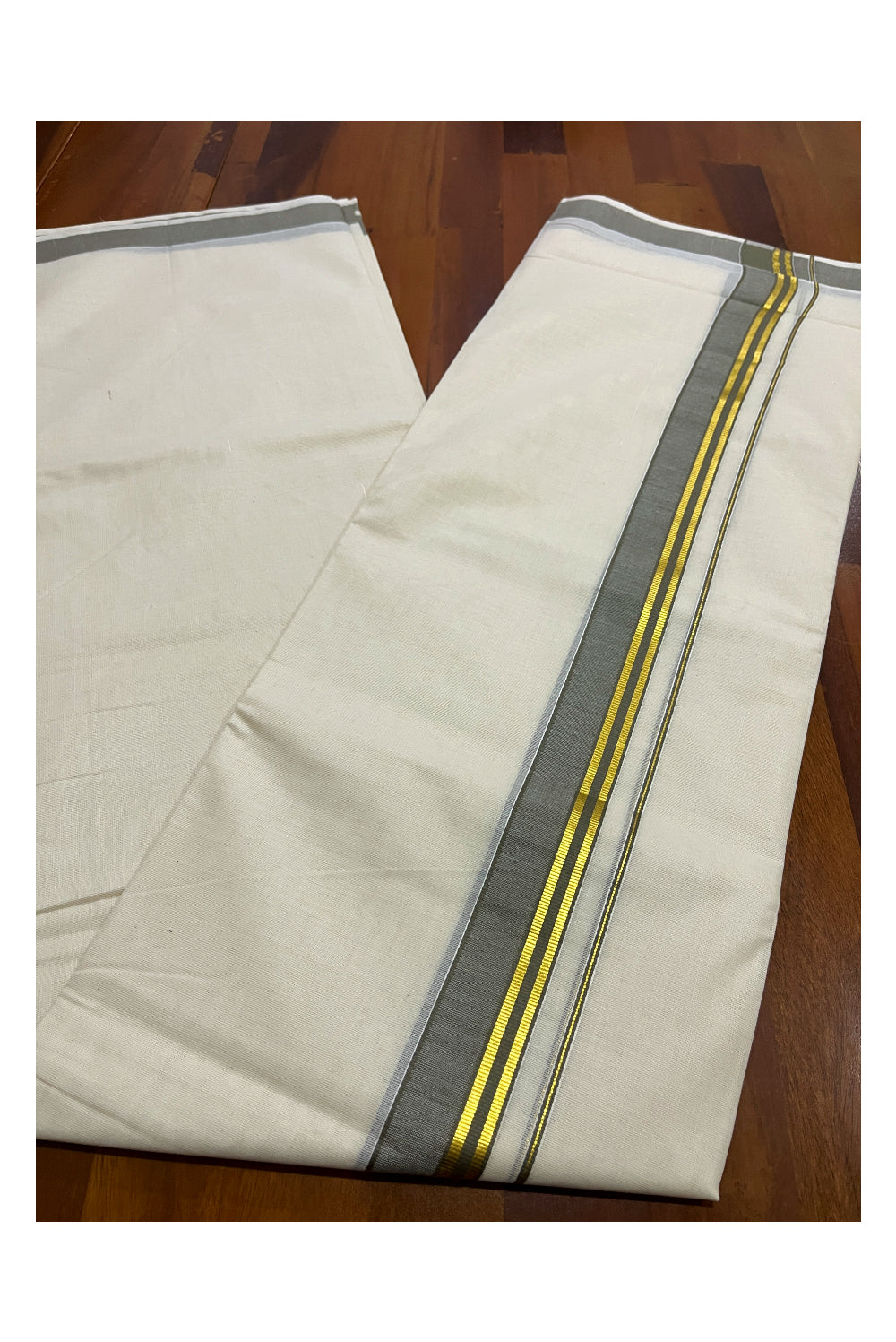 Pure Cotton Off White Double Mundu with Grey and Kasavu Kara (South Indian Dhoti)