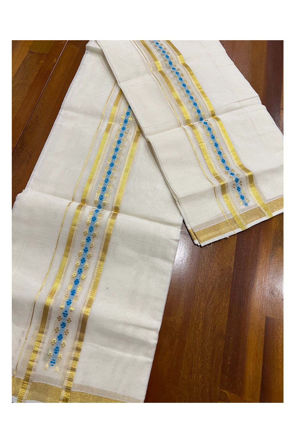 Southloom Handloom Premium Cotton Set Mundu with Kasavu Woven Work on Border (Light Blue Woven Dots)