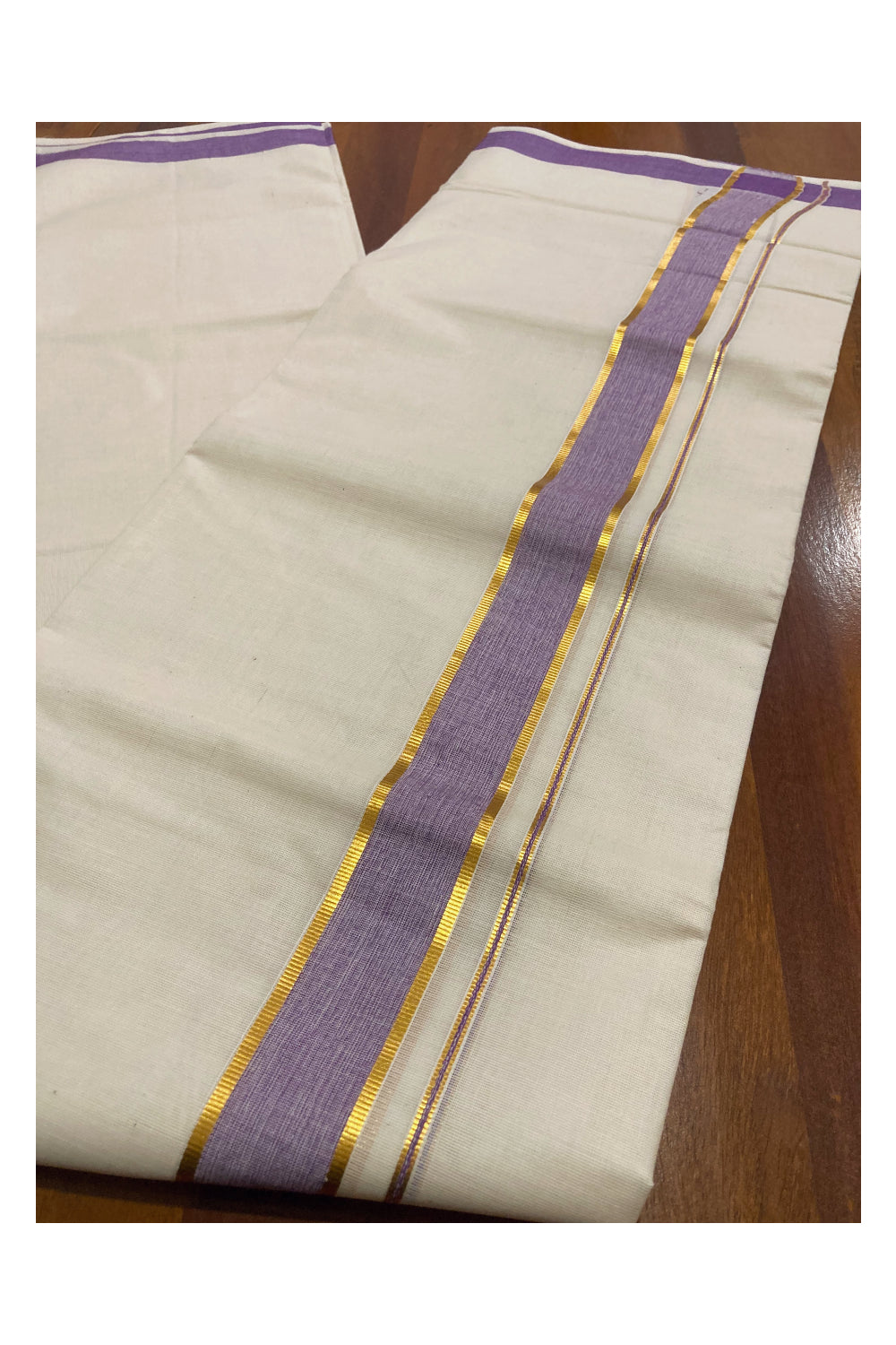 Pure Cotton Double Mundu with Violet and Kasavu Border (South Indian Dhoti)