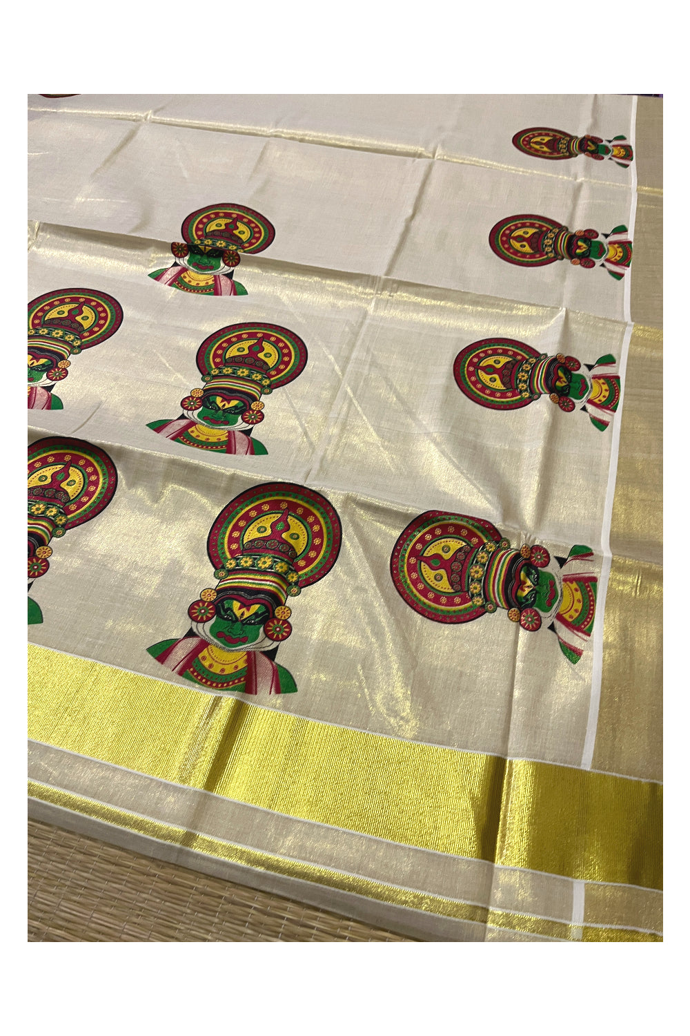 Kerala Tissue Kasavu Saree with Kathakali Mural Printed Design