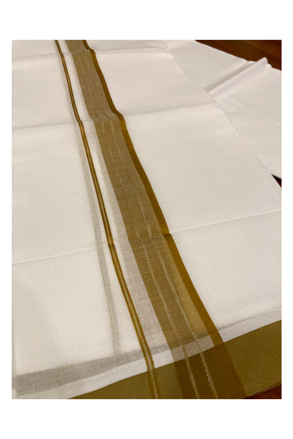 Pure White Cotton Double Mundu with Olive Green Border (South Indian Dhoti)