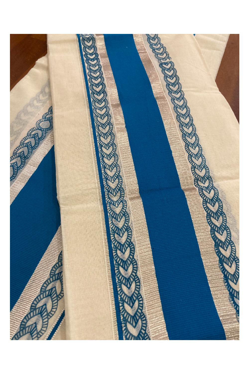 Single Set Mundu with Silver Kasavu and Blue Kara with Block Prints (2.80 m, Mundum Neriyathum)
