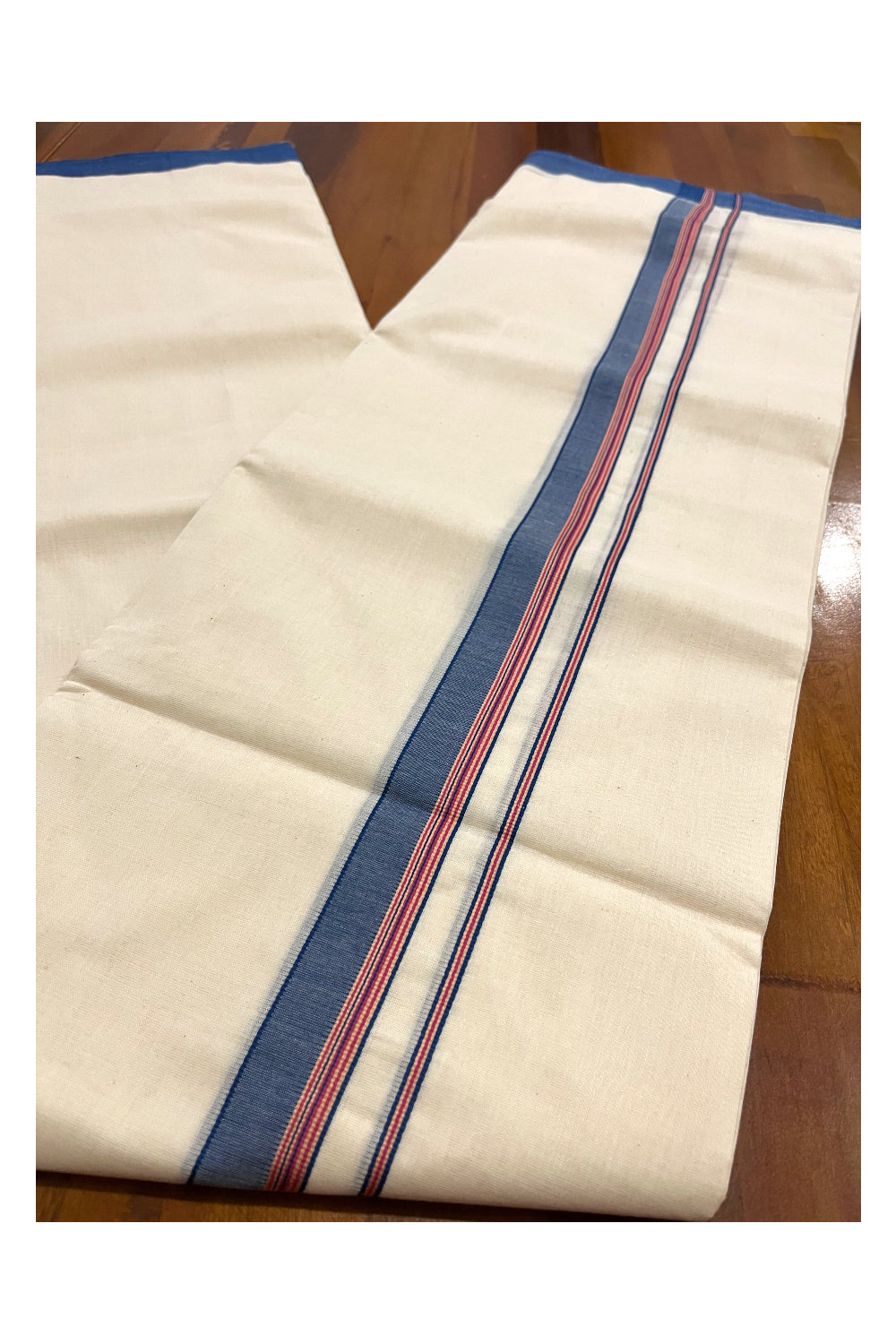 Southloom Premium Handloom Double Mundu with Blue and Red Border