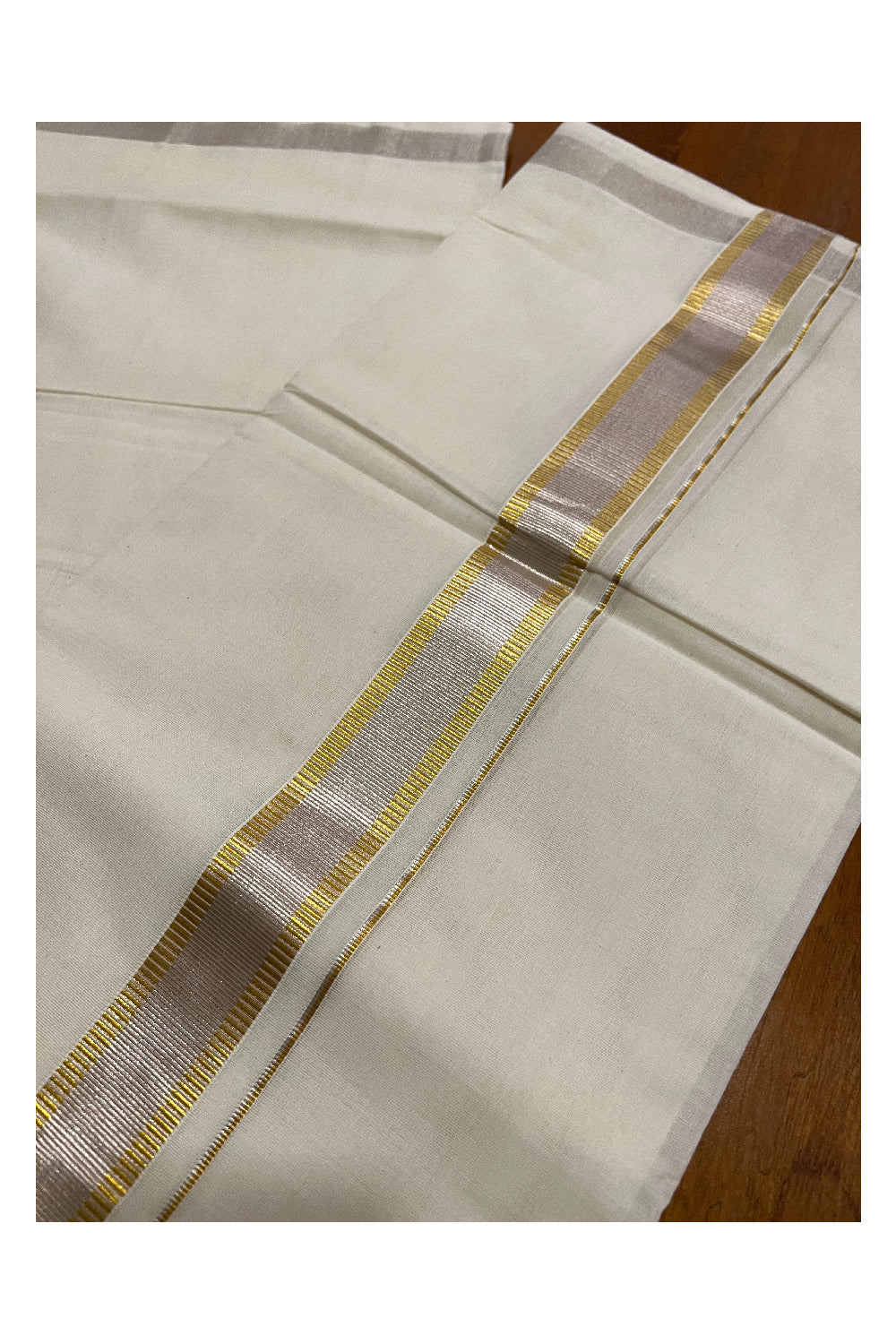 Southloom Premium Handloom Double Mundu with Silver and Golden Kasavu Kara (South Indian Kerala Dhoti)