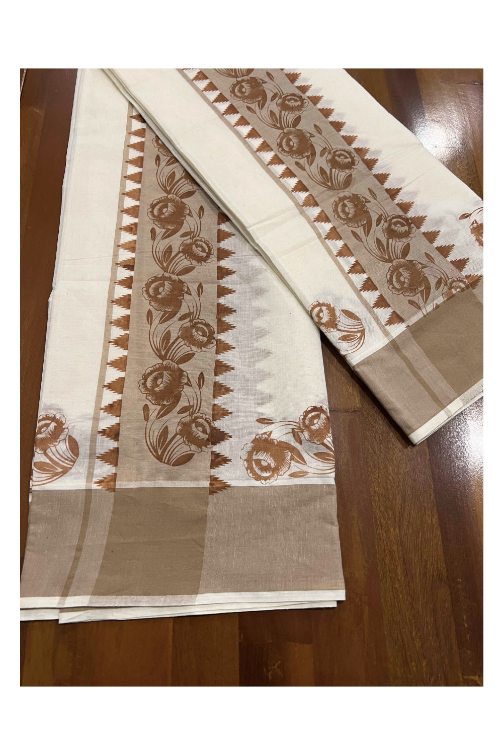 Kerala Cotton Set Mundu (Mundum Neriyathum) with Brown Floral Block Printed Temple Border