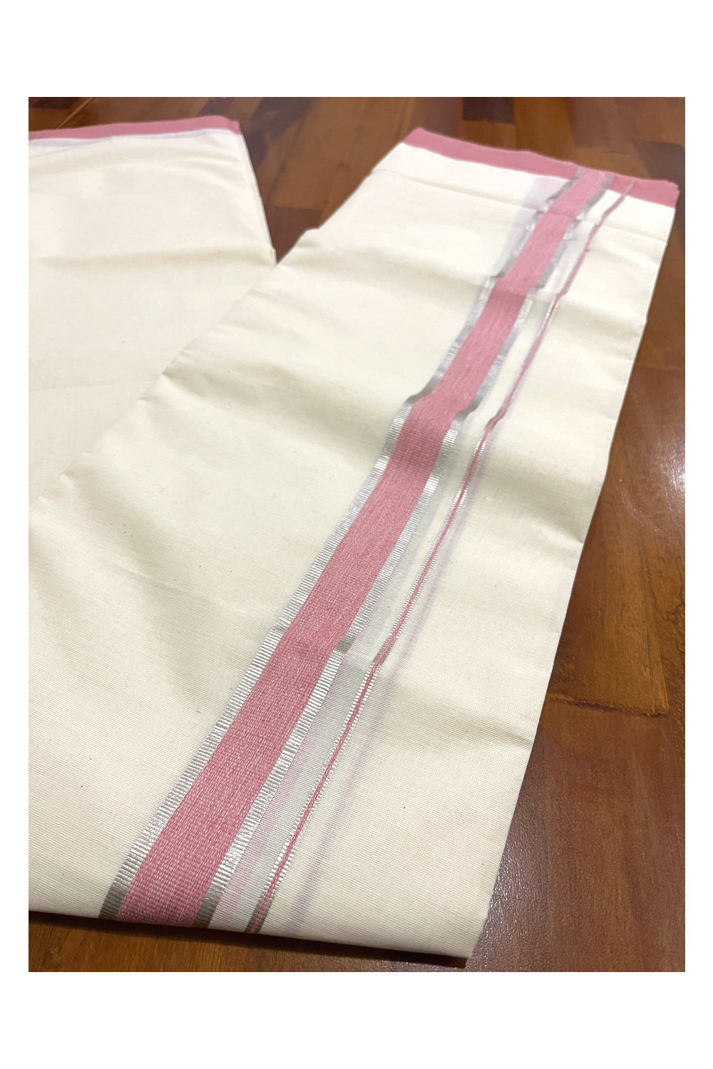 Pure Cotton Off White Double Mundu with Silver Kasavu and Brick Red Border (South Indian Dhoti)