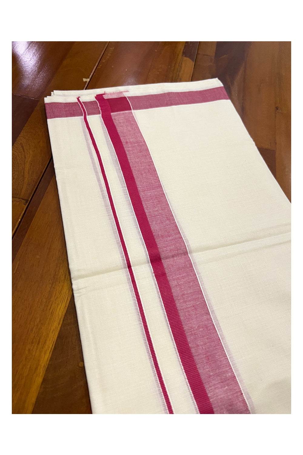 Off White Pure Cotton Double Mundu with Dark Red Shaded Kara (South Indian Dhoti)