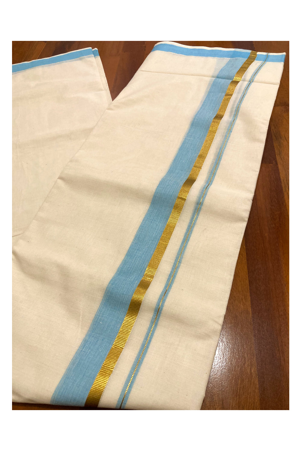 Pure Cotton Off White Double Mundu with Blue and Kasavu Border (South Indian Dhoti)