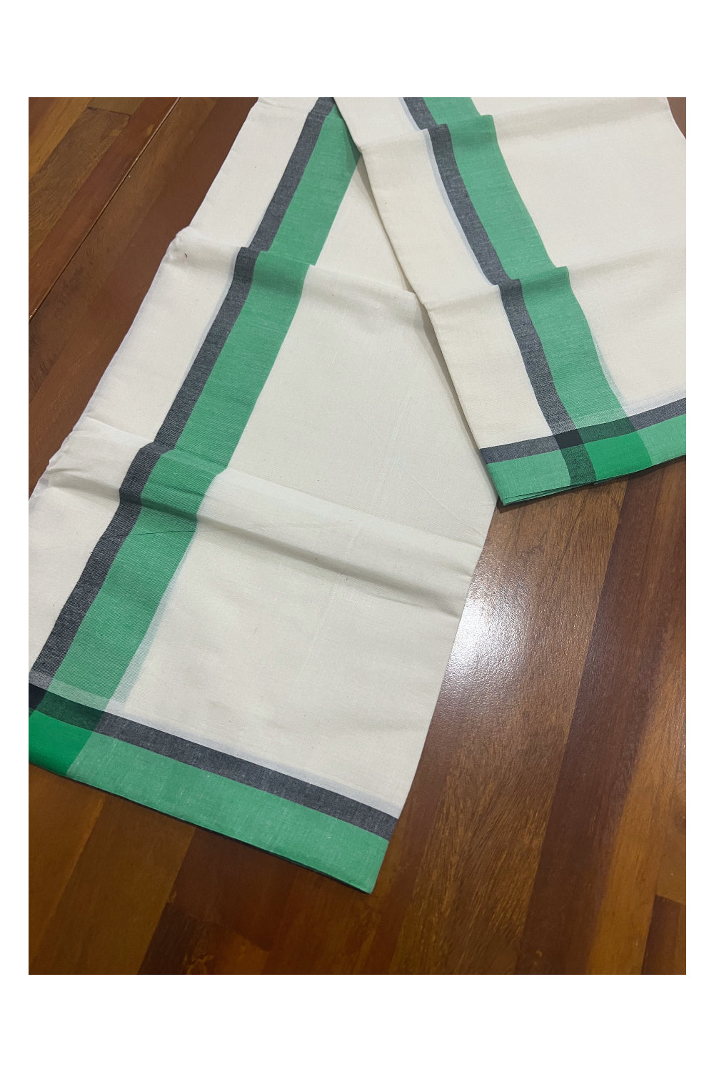 Kerala Cotton Mundum Neriyathum Single (Set Mundu) with Green and Black Mulloth Border (Extra Soft Cotton)