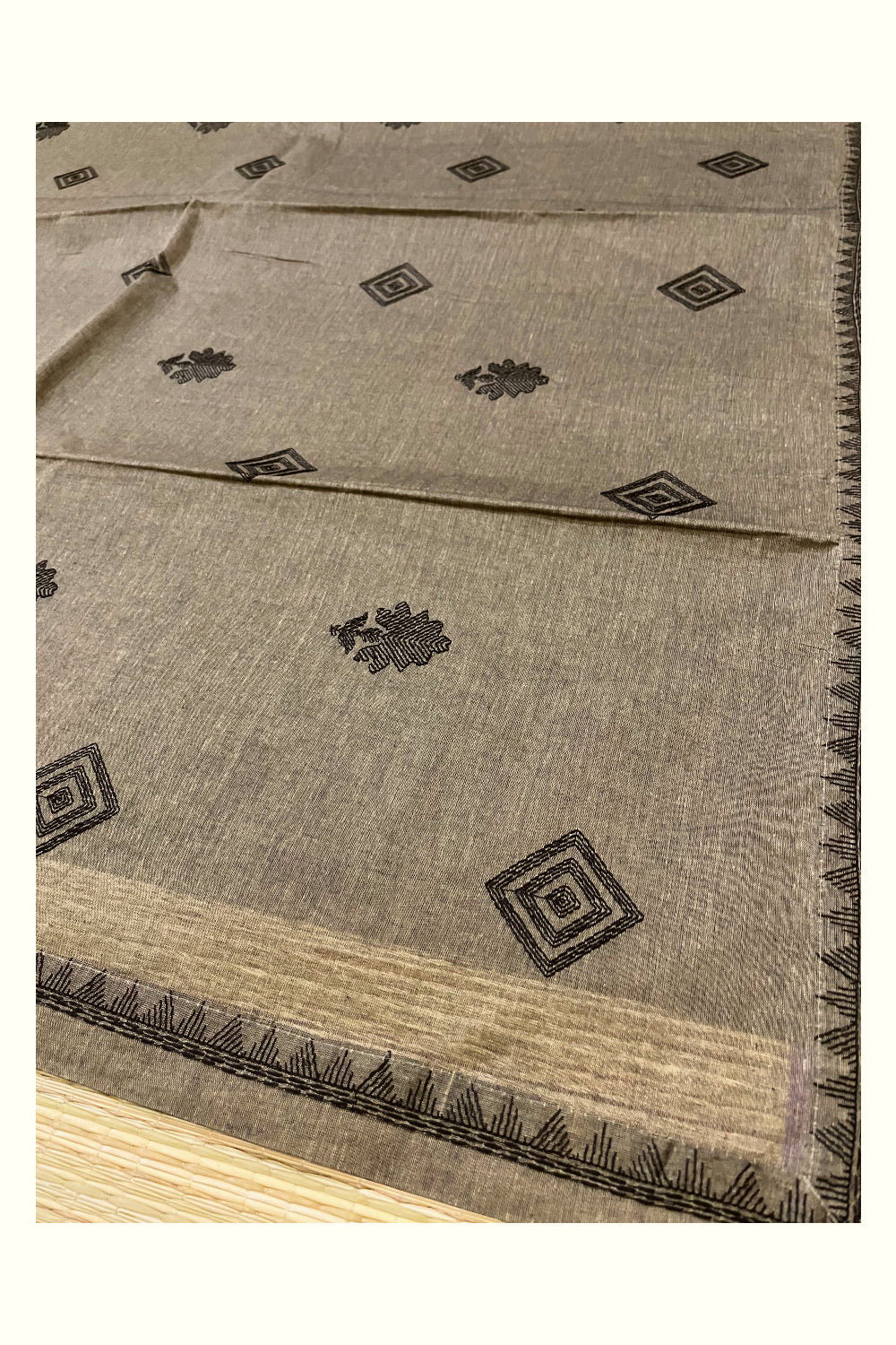 Southloom Pure Cotton Greyish Green Saree with Designer Black Thread works on Body