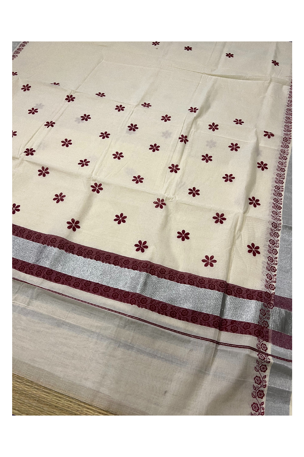 Pure Cotton Kerala Saree with Maroon Block Printed Floral Design and Silver Kasavu Border