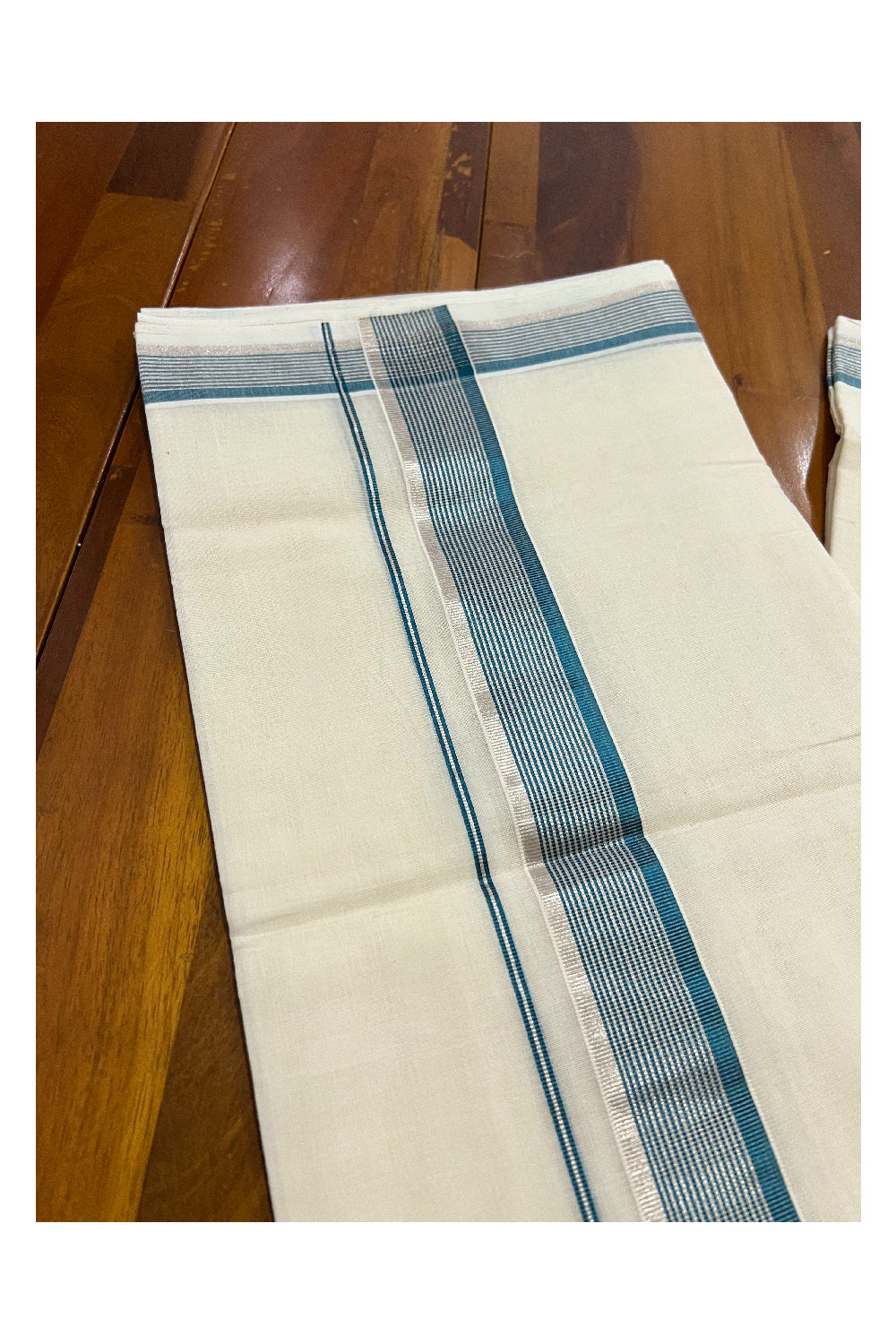 Southloom Kuthampully Handloom Pure Cotton Mundu with Silver and Teal Blue Kasavu Border (South Indian Dhoti)