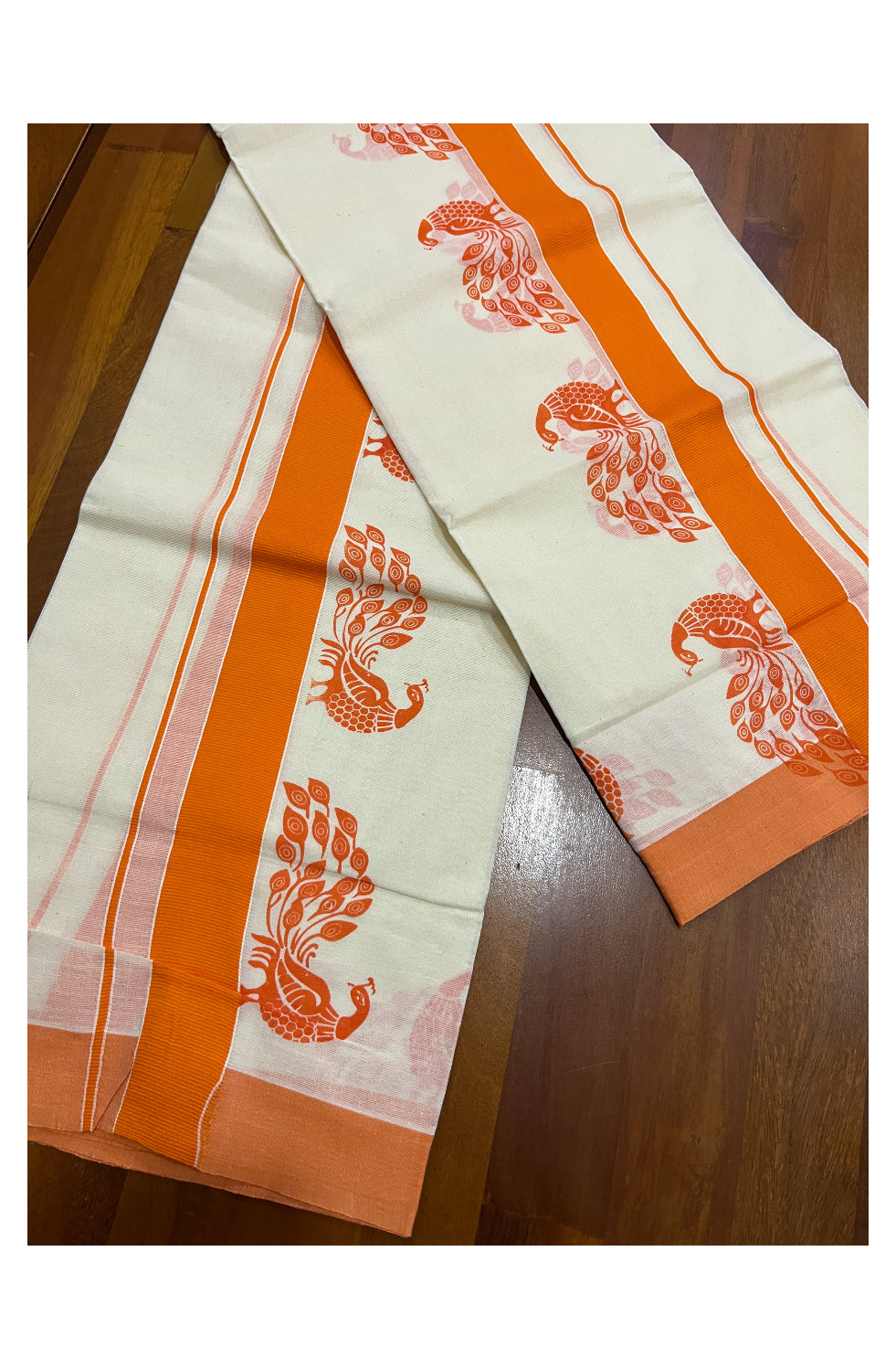 Kerala Cotton Set Mundu (Mundum Neriyathum) with Orange Block Prints Border